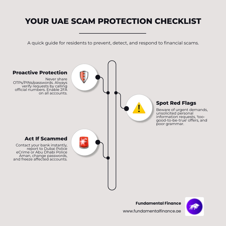 Infographic showing the typical scam cycle: Initial contact through fake official communication, building trust through social engineering, requesting sensitive information or payments, financial loss occurring, and the proper reporting process through UAE authorities including Dubai Police eCrime, banks, and regulatory bodies - How to Protect Your Money and Identity from Scams in the UAE infographic infographic-line-3-steps-neat_beige