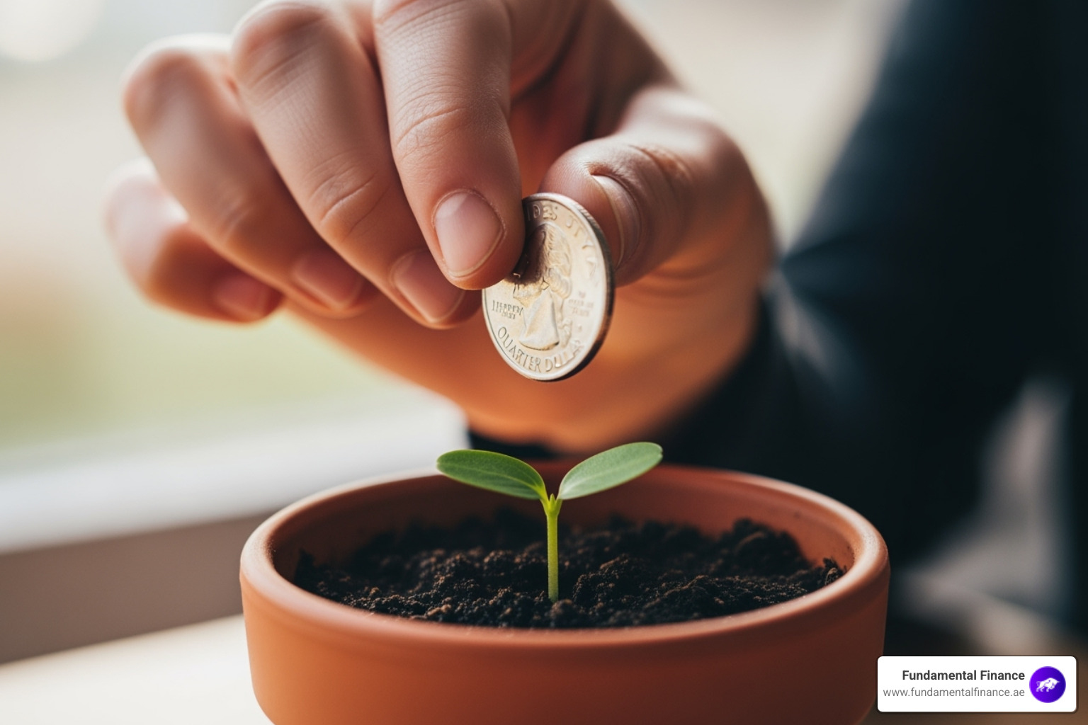 a young person adding a coin to a growing plant pot, symbolizing early investment - Retirement Savings in the UAE: Smart Strategies to Secure Your Future