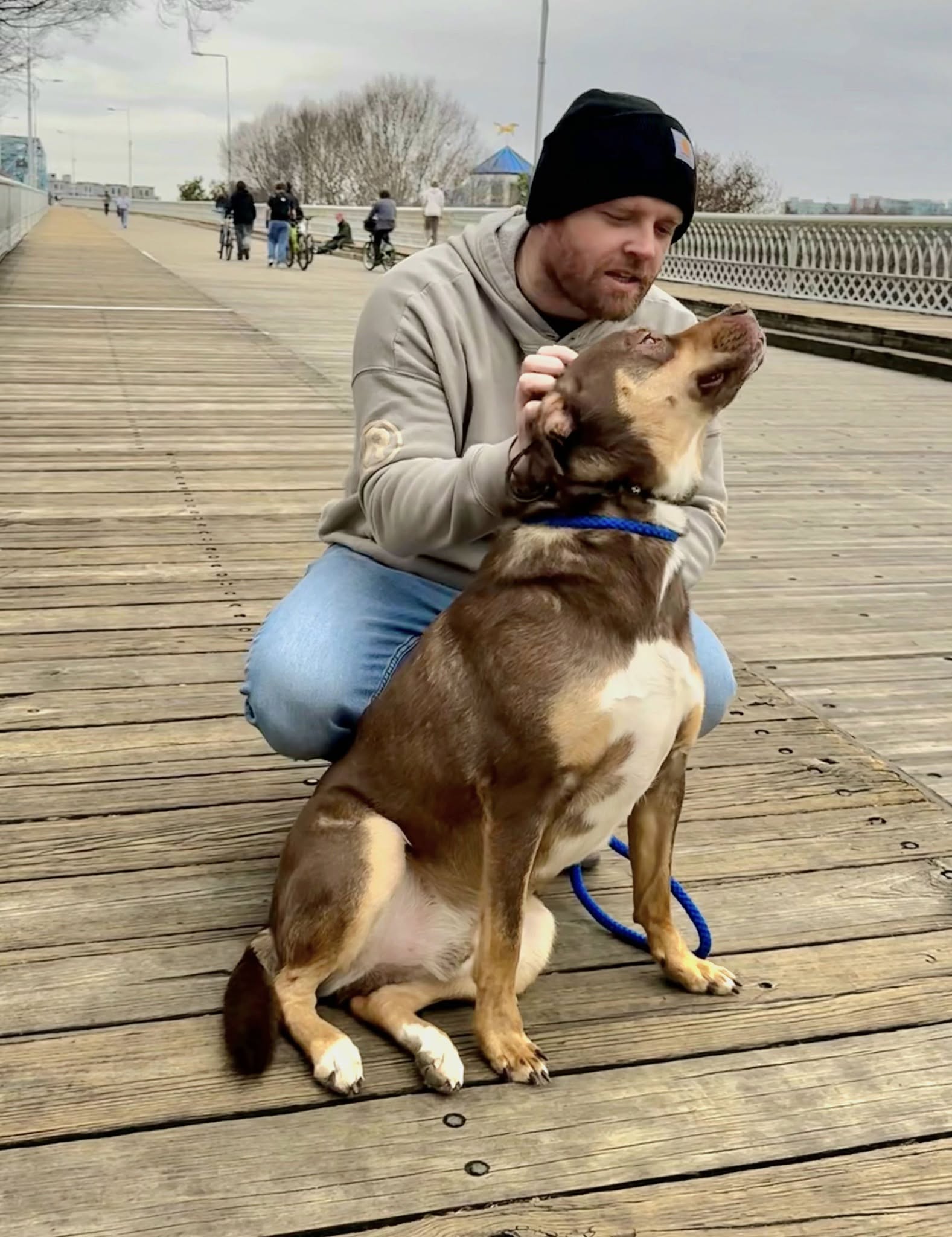 Jeff telling two puppies to sit