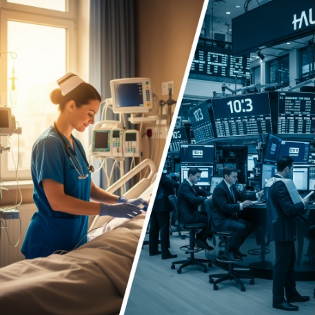 Split image of a nurse caring for a patient and traders on a stock exchange floor