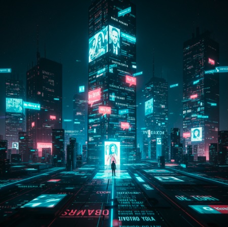 Futuristic neon city skyline with glowing screens