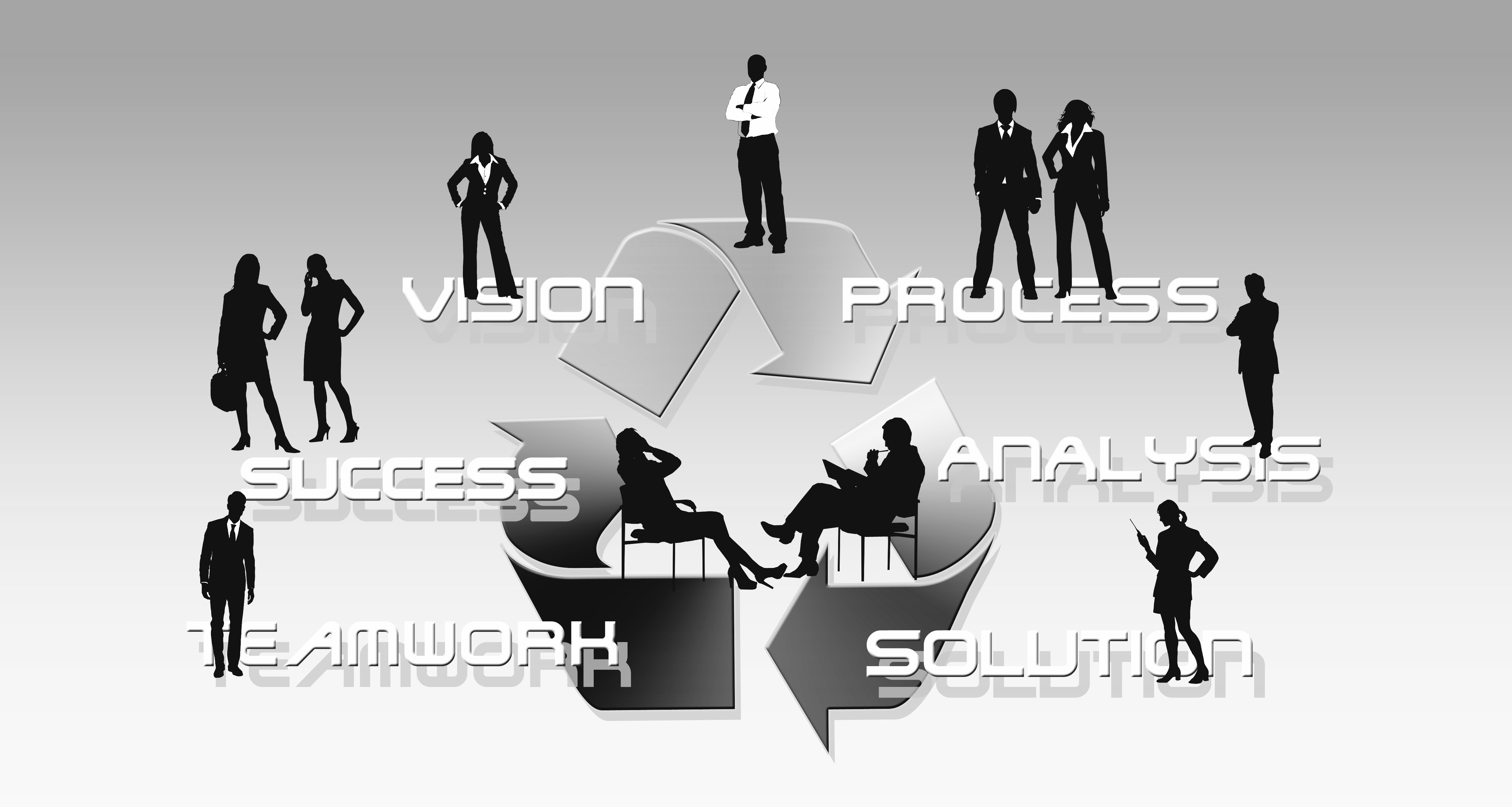 Business silhouettes around a cycle of vision, process, analysis, solution, teamwork and success