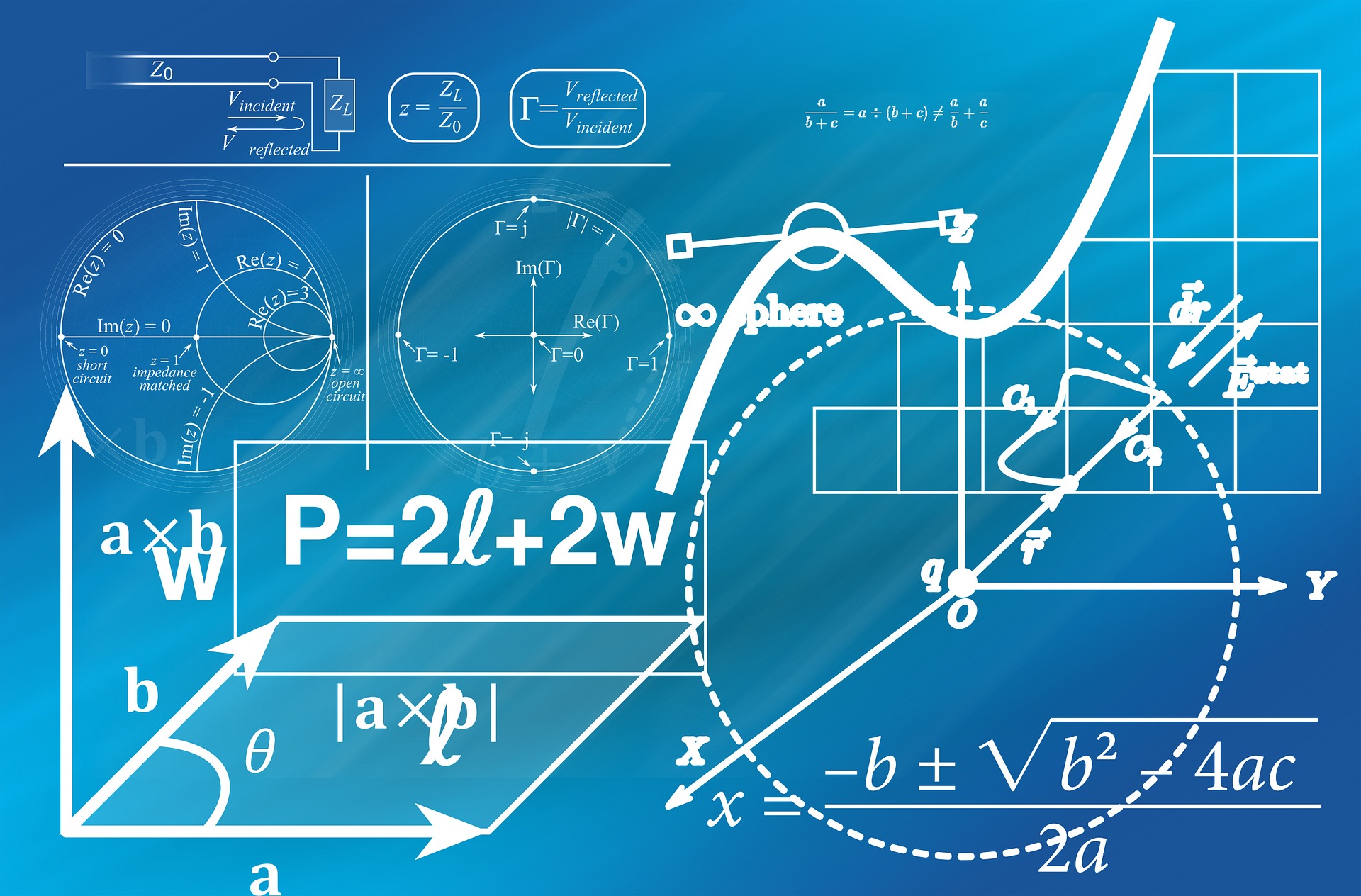 Math formulas and geometry sketches on a blue background