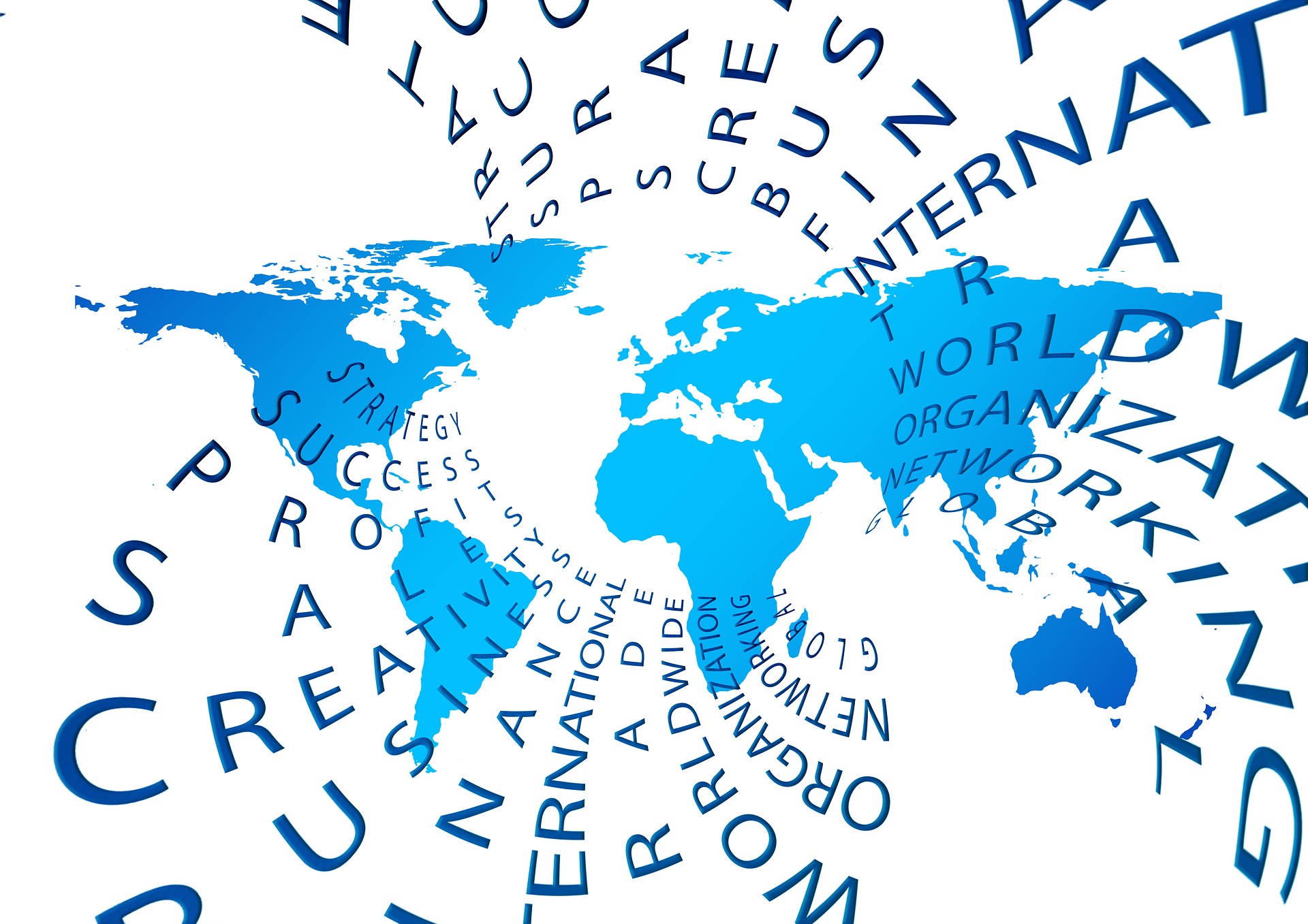 World map surrounded by words about international business