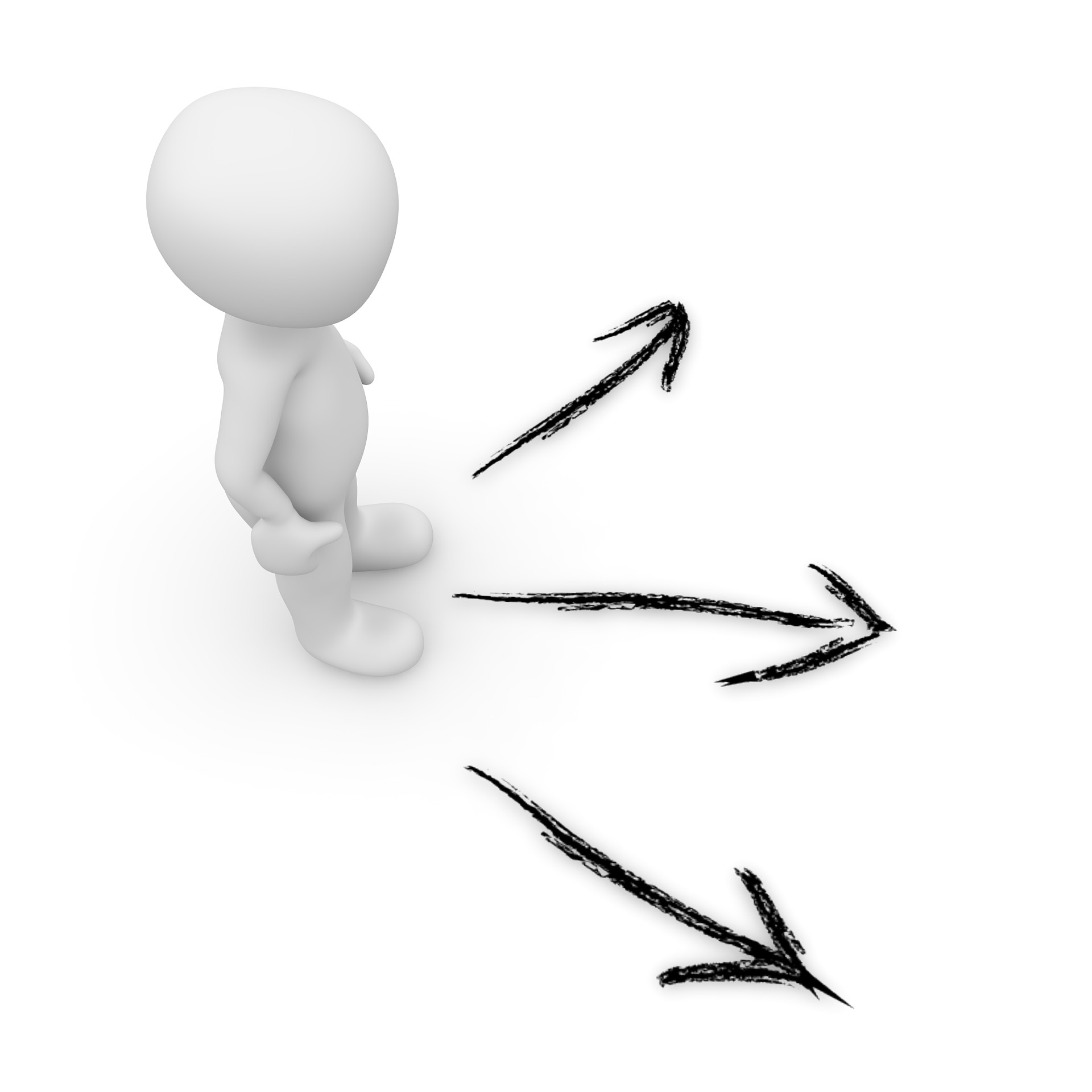 3D figure choosing between arrows pointing in different directions