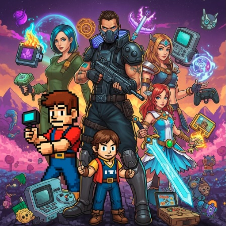 Colorful collage of video game characters
