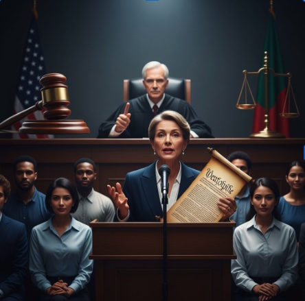 Courtroom scene with a woman testifying before a judge and jury