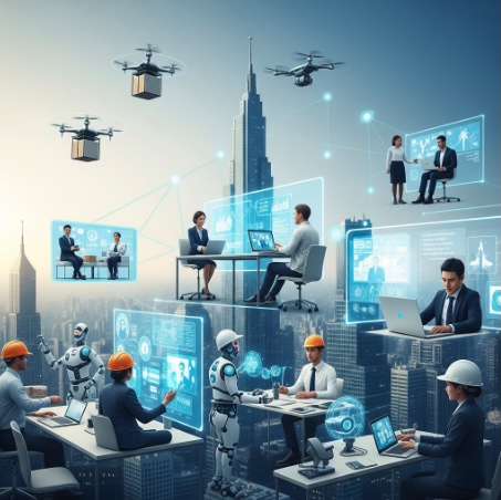 Futuristic city where people work alongside robots and drones