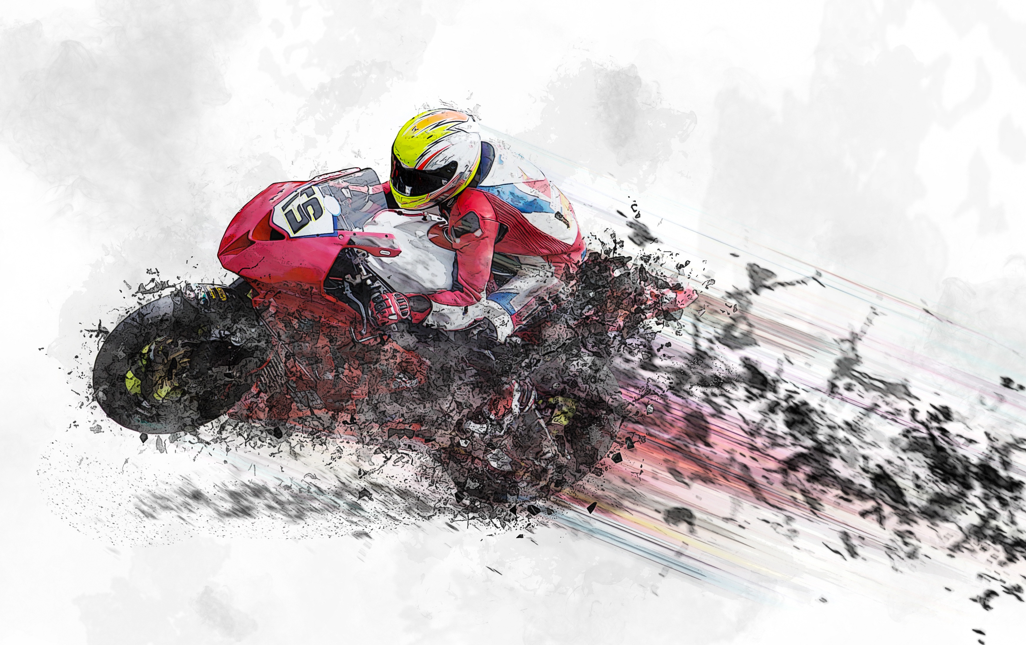 Motorcycle racer dissolving into particles at speed