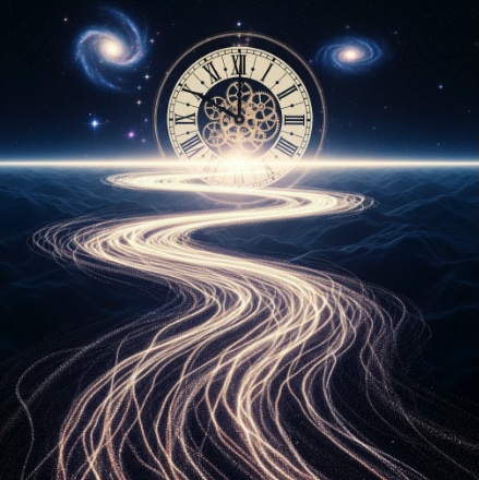 Clock in space above a glowing, winding path