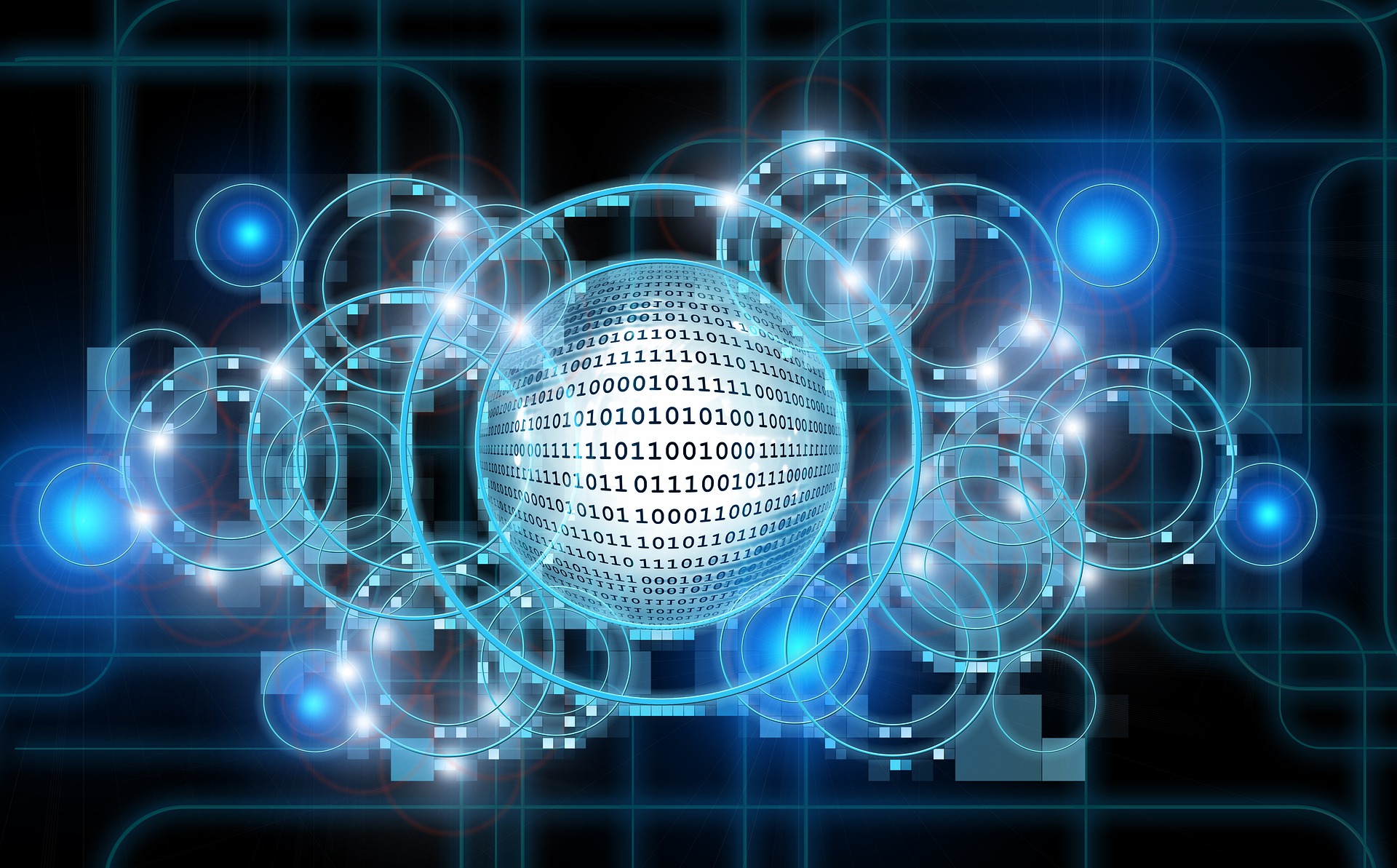 Digital sphere of binary code with glowing circuits