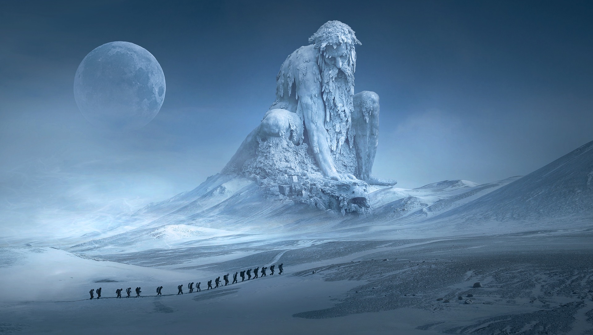 Giant ice figure on a frozen landscape with a line of travelers