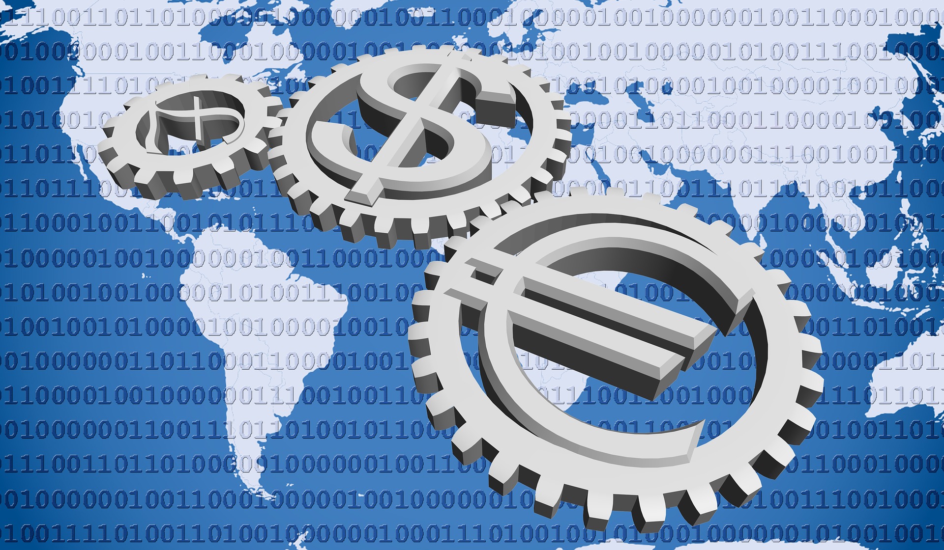 Currency gears over binary code and a world map