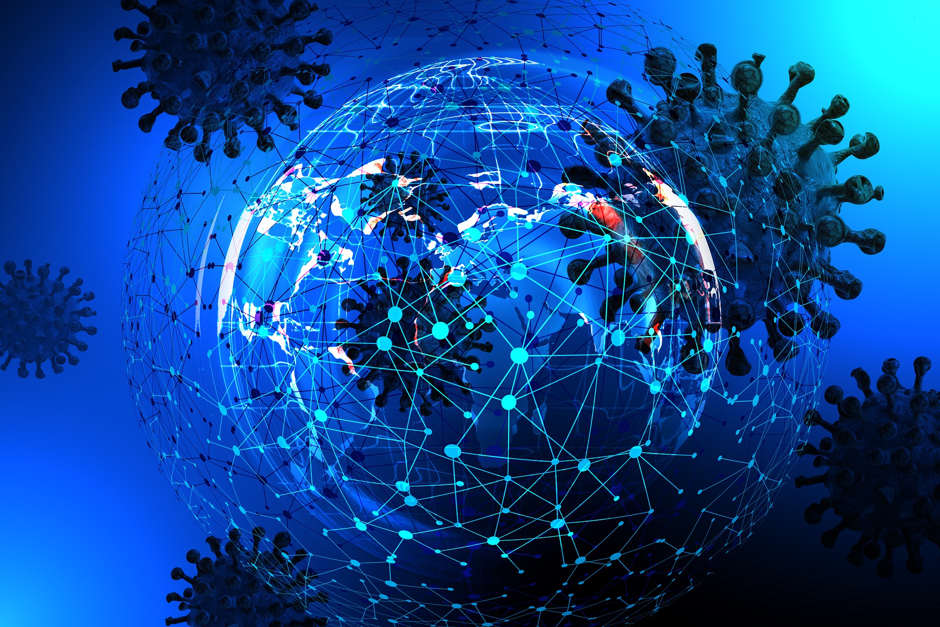 Globe with network lines surrounded by coronavirus particles