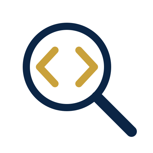 Tech due diligence icon: magnifying glass over code brackets