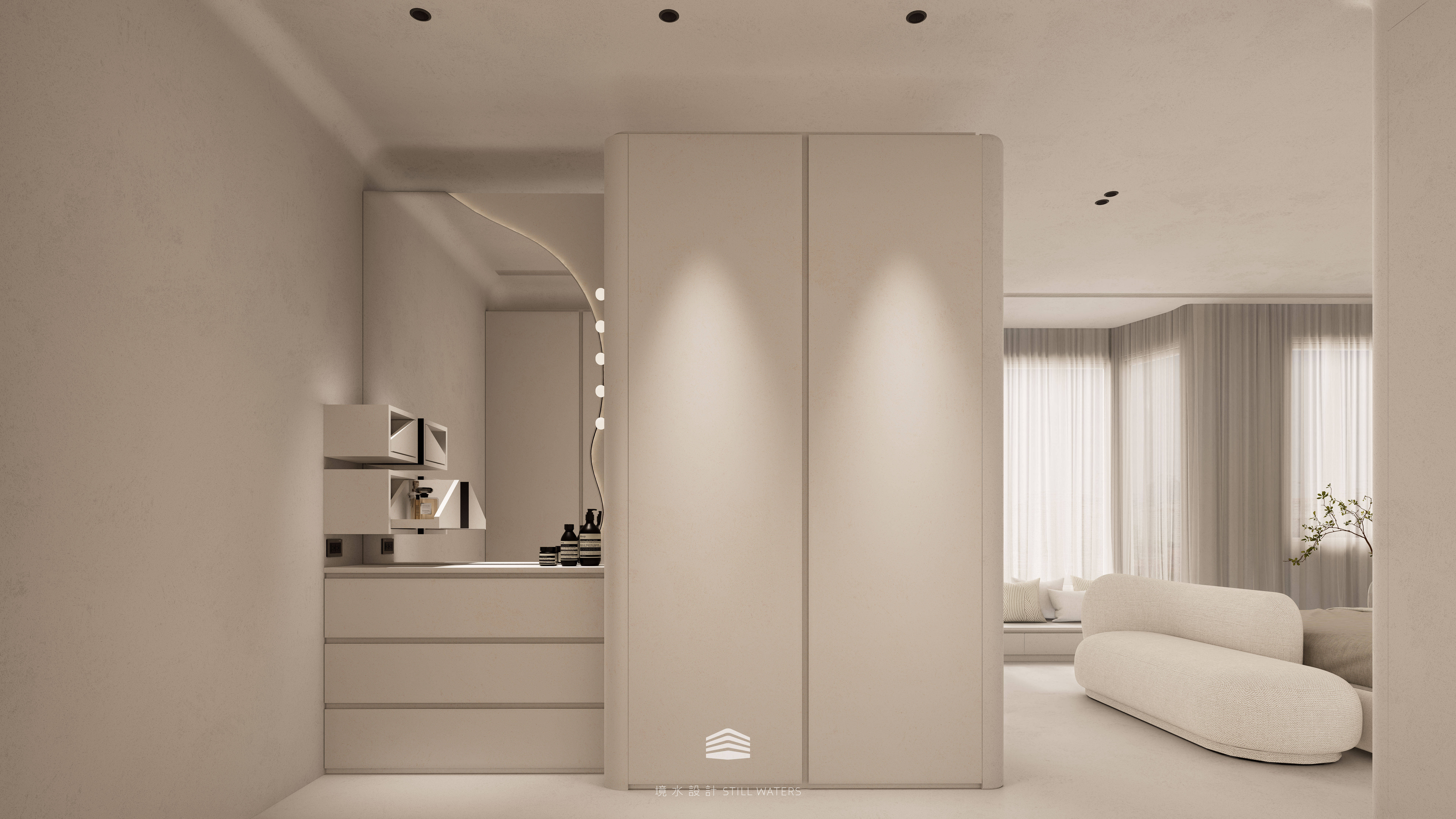 《日常森活》更衣化妝區以極簡對稱的收納與柔光鏡面構築，延續臥室的溫潤語彙，讓日常儀式感自然流動。“Daily Forest” dressing and vanity area — minimalist storage and softly lit mirrors continue the bedroom’s warm tone, enhancing daily rituals with ease.