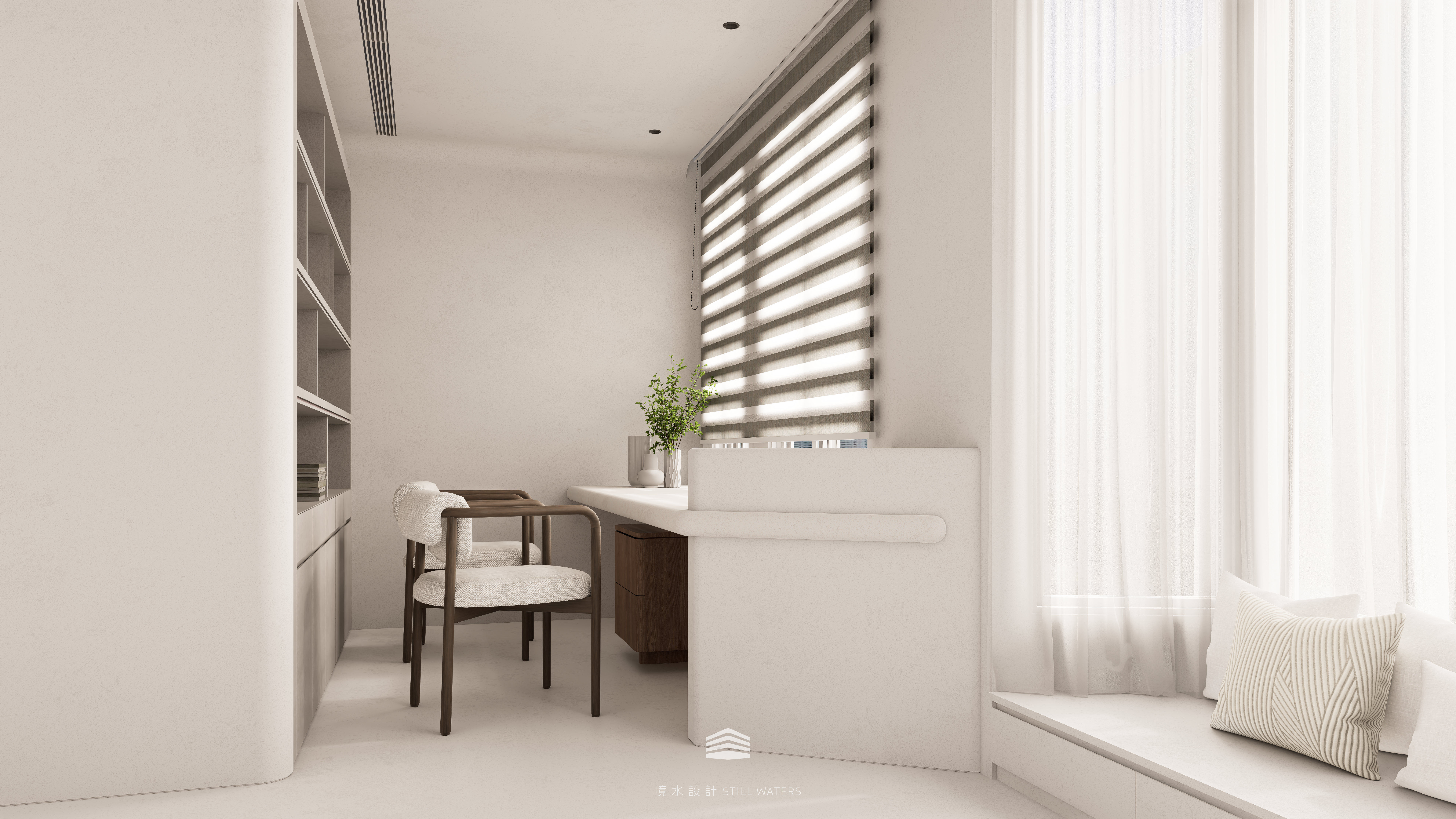 《日常森活》主臥書房延續同色系柔光氛圍，圓角桌面與木扶手椅勾勒思考與靜心的空間節奏。“Daily Forest” study — a tranquil workspace adjoining the master suite, featuring rounded desks and wooden chairs for mindful focus.