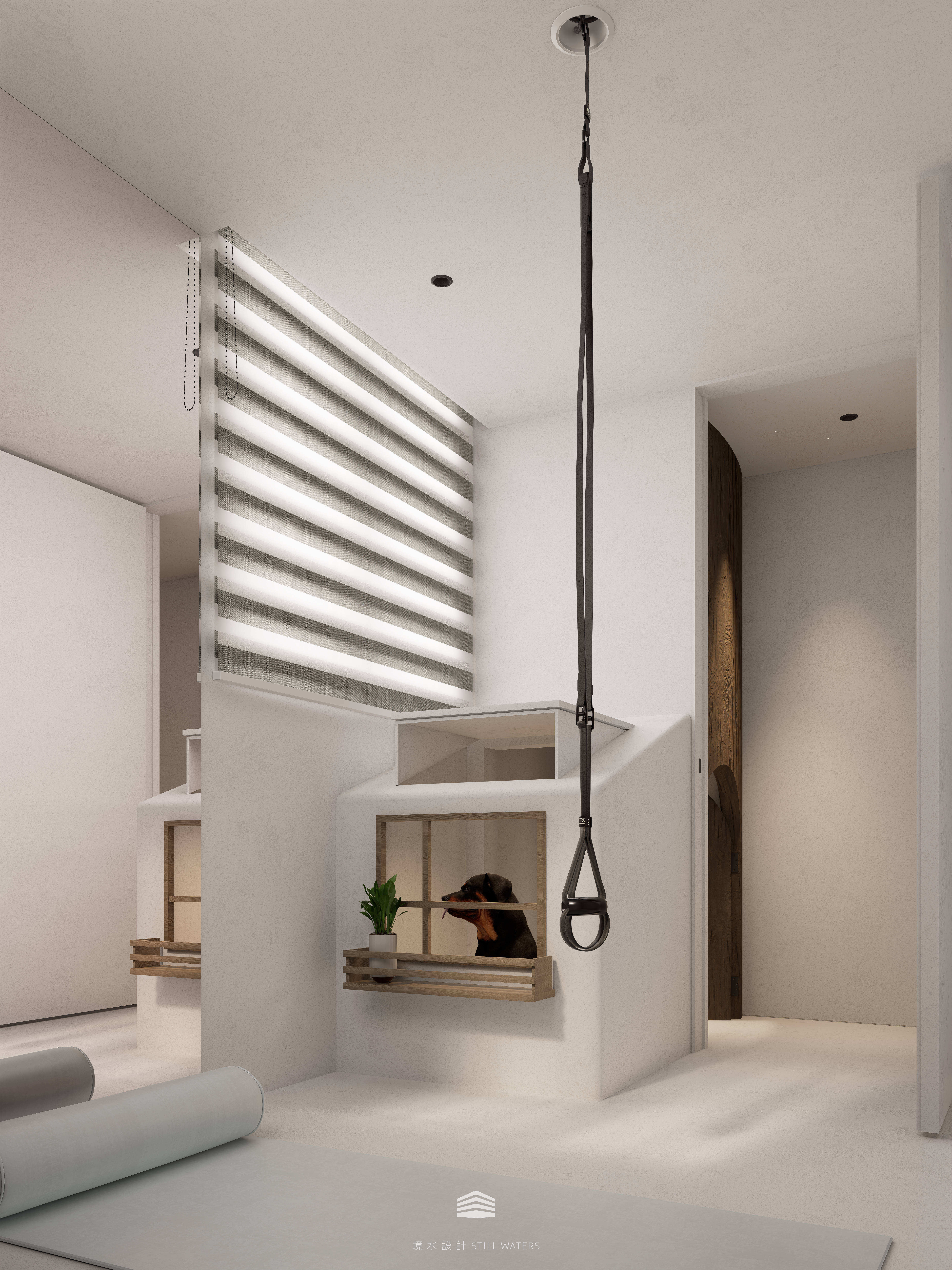 《日常森活》多功能室中的狗屋設計以窗框造型呼應家屋語彙，展現寵物與人共同生活的詩意秩序。“Daily Forest” multifunctional space — custom dog house windows echo architectural forms, crafting poetic order between people and pets.