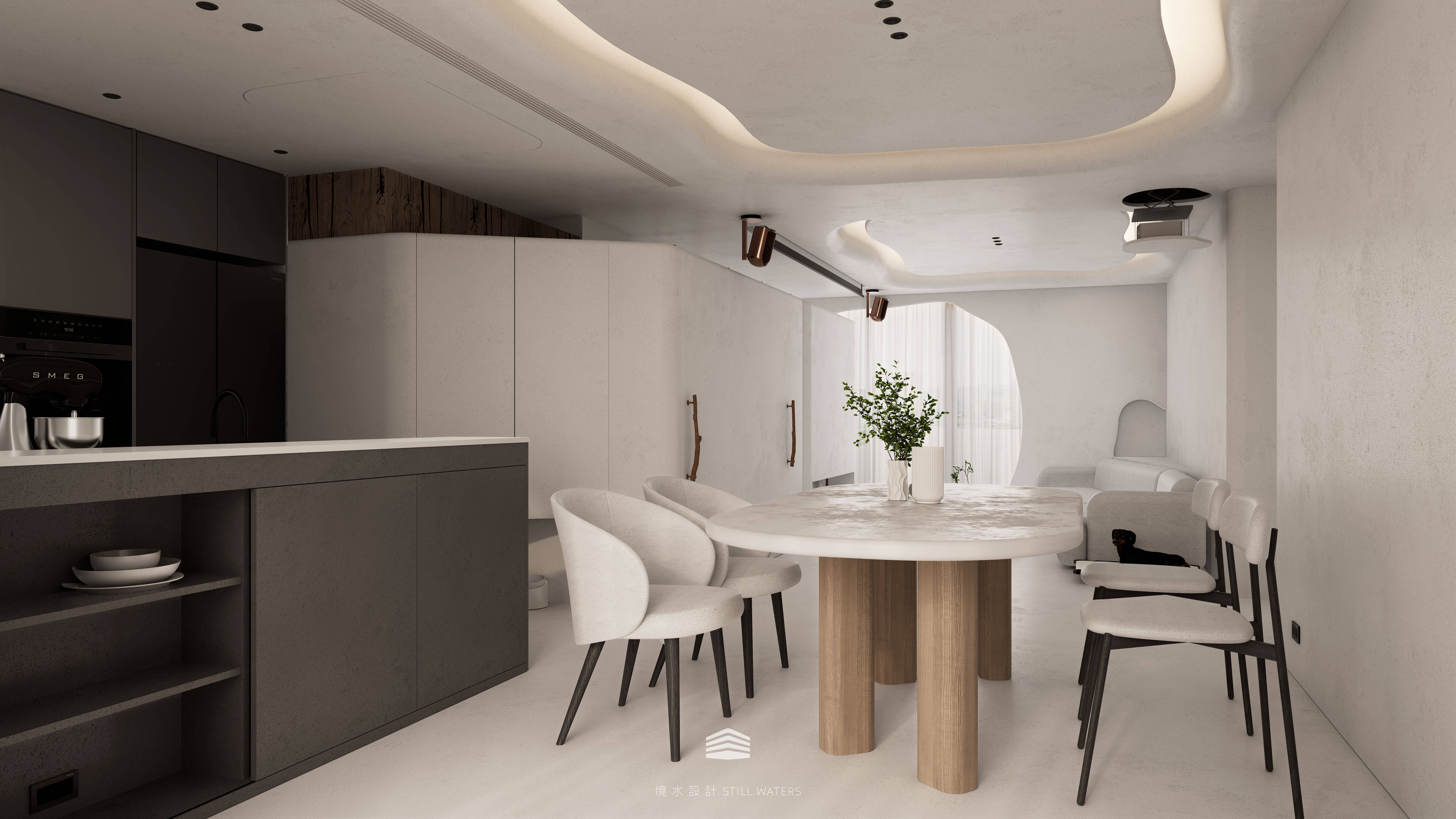 《日常森活》開放式餐廚空間以流動天花與自然弧形勾勒邊界，延伸視覺與光線，展現簡約卻充滿生命力的設計語彙。Open-plan dining and kitchen of “Daily Forest” — fluid ceiling lines and organic curves extend light and space, expressing simplicity with vitality.