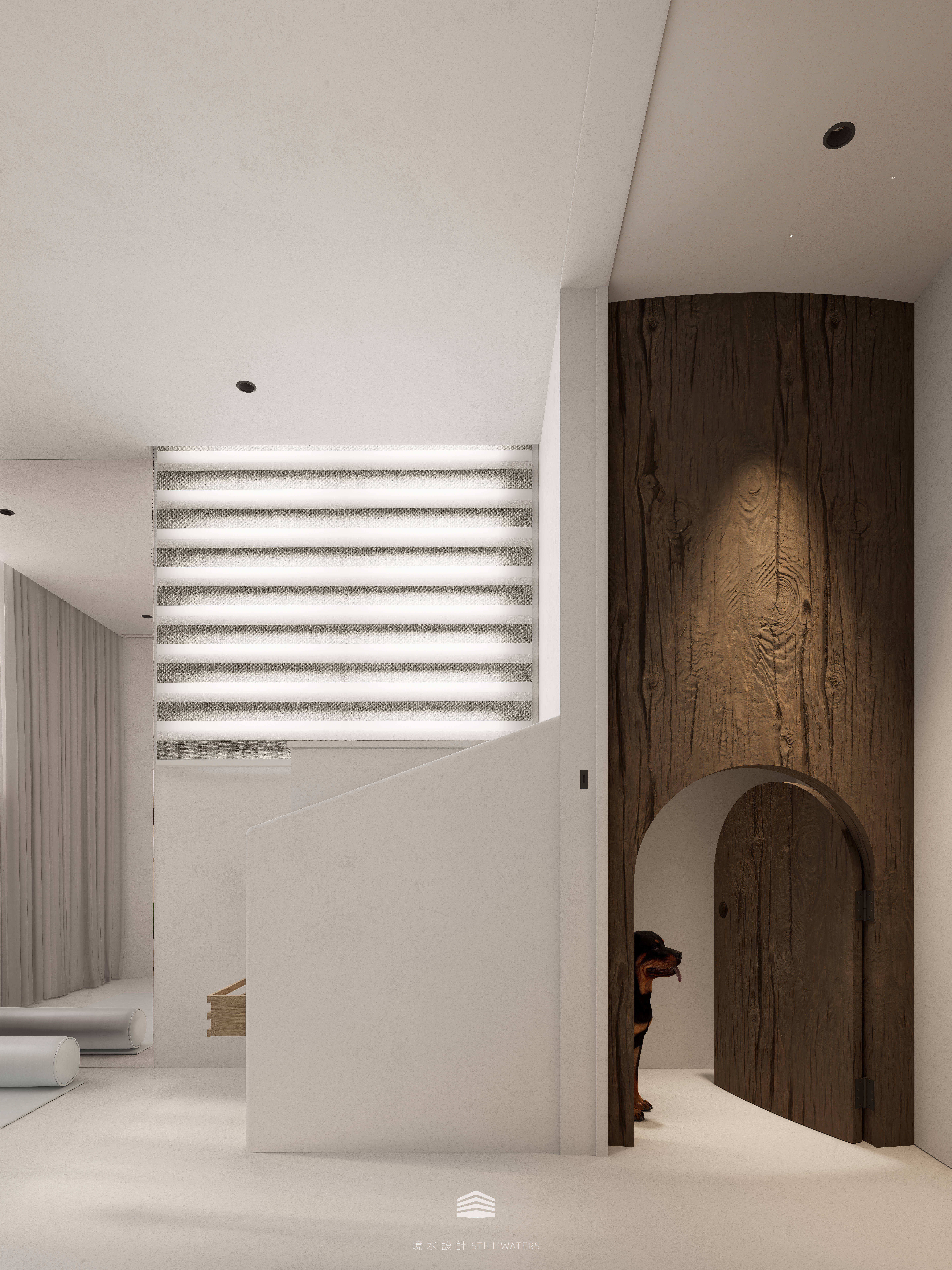 《日常森活》多功能室結合狗屋與運動空間，以白色弧面與原木紋理共構大人、小孩與寵物的共生場景。“Daily Forest” multifunctional room — an integrated pet-friendly and fitness area where curved white forms and wood textures shape a harmonious coexistence.