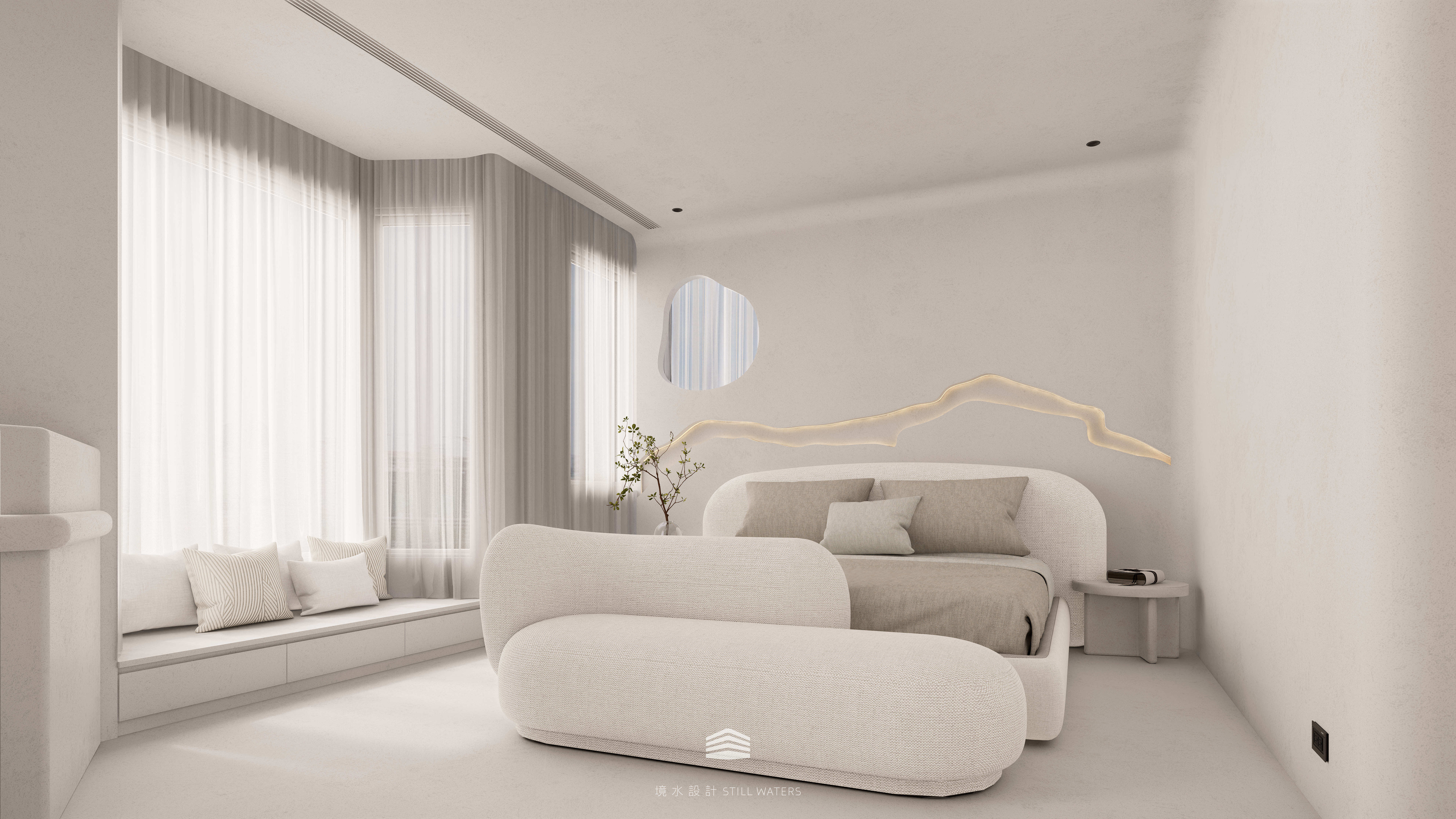 《日常森活》主臥以米白與淺灰織構柔光場域，床頭牆的燈帶線條取自新店溪的流線意象，於靜謐中蘊藏流動的生命感。“Daily Forest” master bedroom — soft beige and grey tones bathed in gentle light, featuring a headboard light inspired by the flowing curves of the Xindian River, symbolizing calm energy and natural rhyt