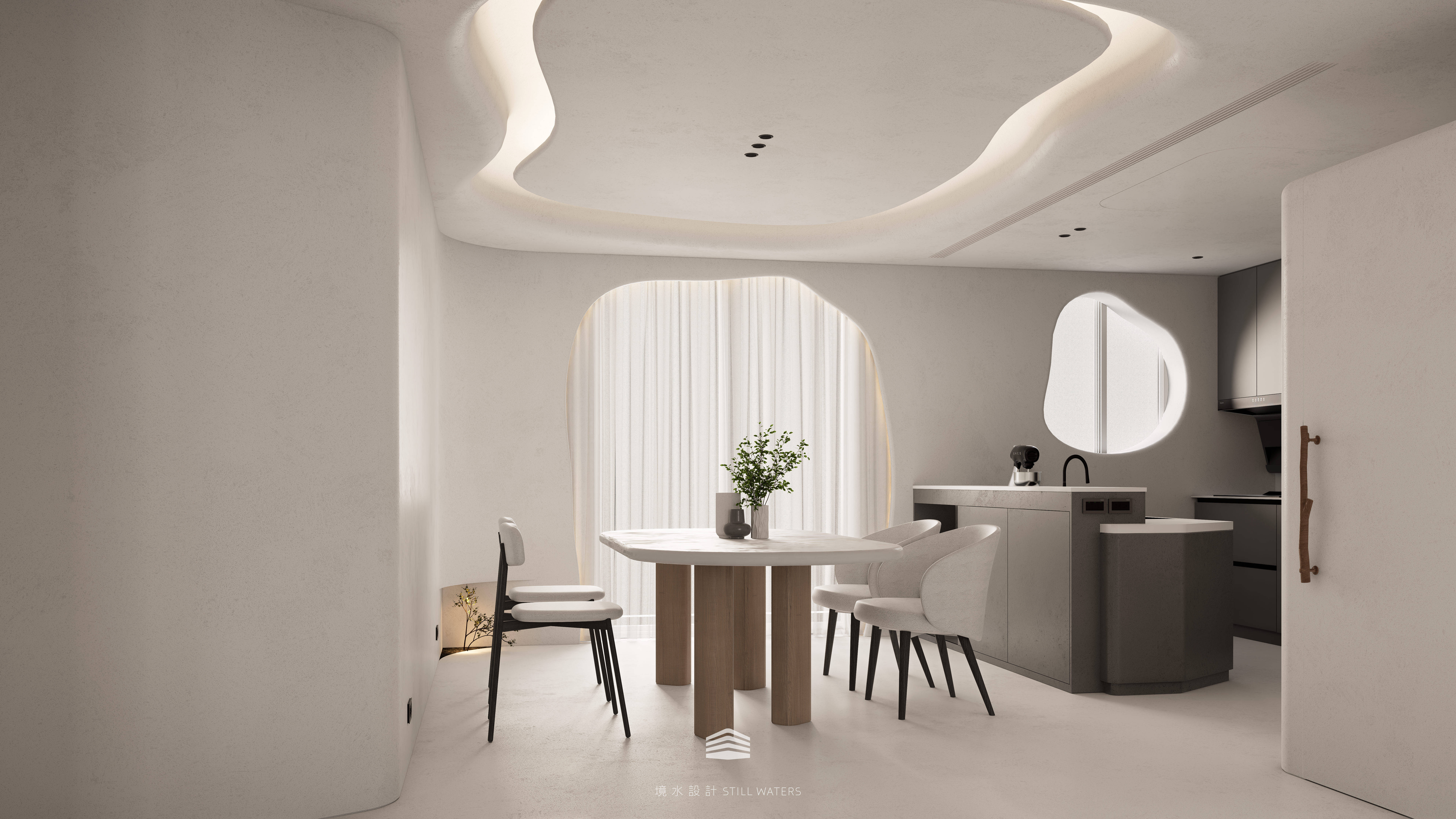 《日常森活》餐廳以圓潤線條與自然光線交織，米白空間中蘊含溫潤木質，讓家人共享餐桌時光更顯柔和。“Daily Forest” dining area — gentle curves and soft daylight blend with warm wood tones, creating a cozy atmosphere for family gatherings.