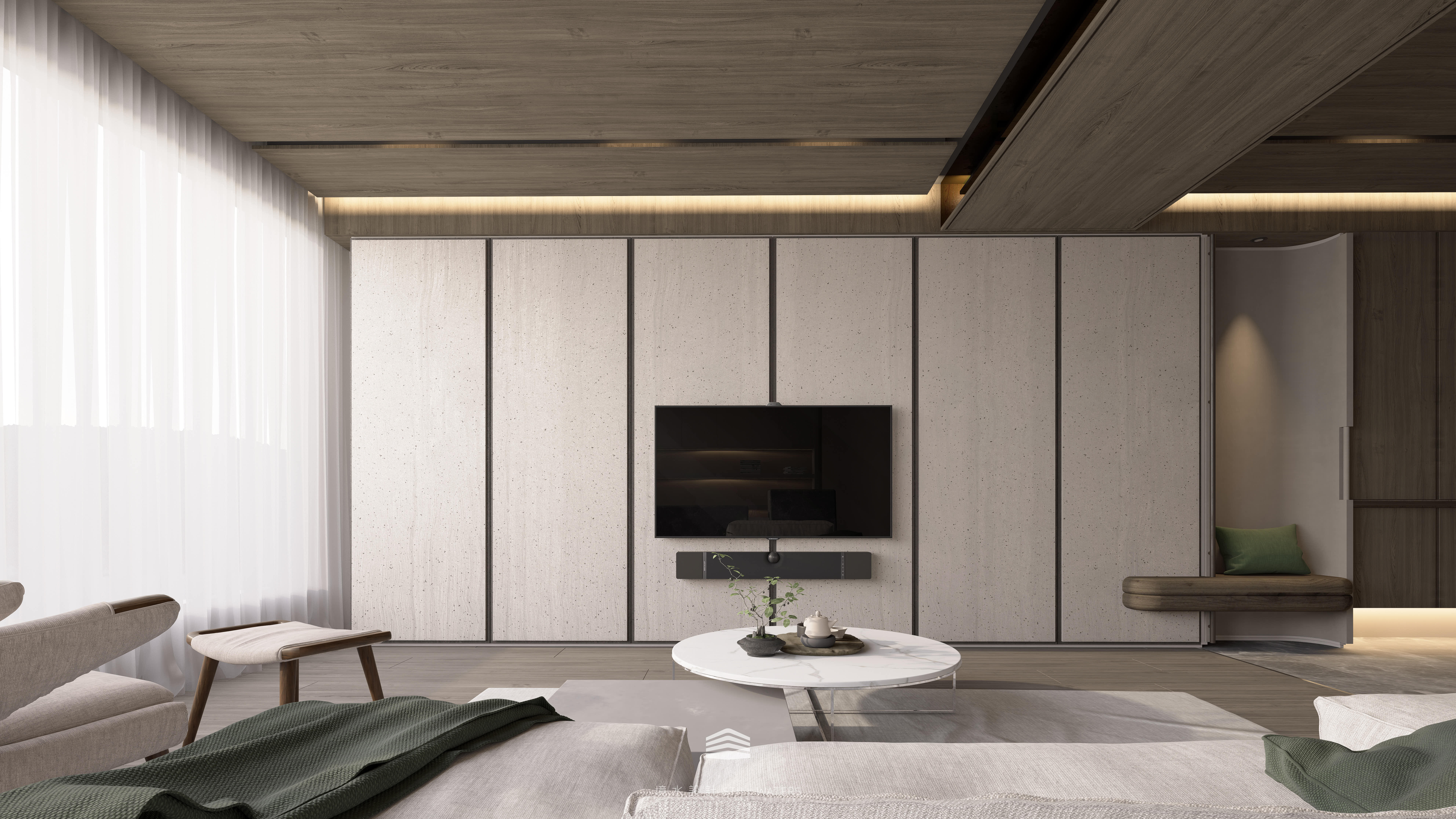 《靜映歲月》客餐廳以米灰調與木質天花延續一體感，動線寬敞、無門檻銜接，光線如流動的節拍，連結家的呼吸。 The “Silent Years” living-dining area continues a beige and wood palette with seamless, threshold-free circulation, where flowing light connects each rhythm of home.