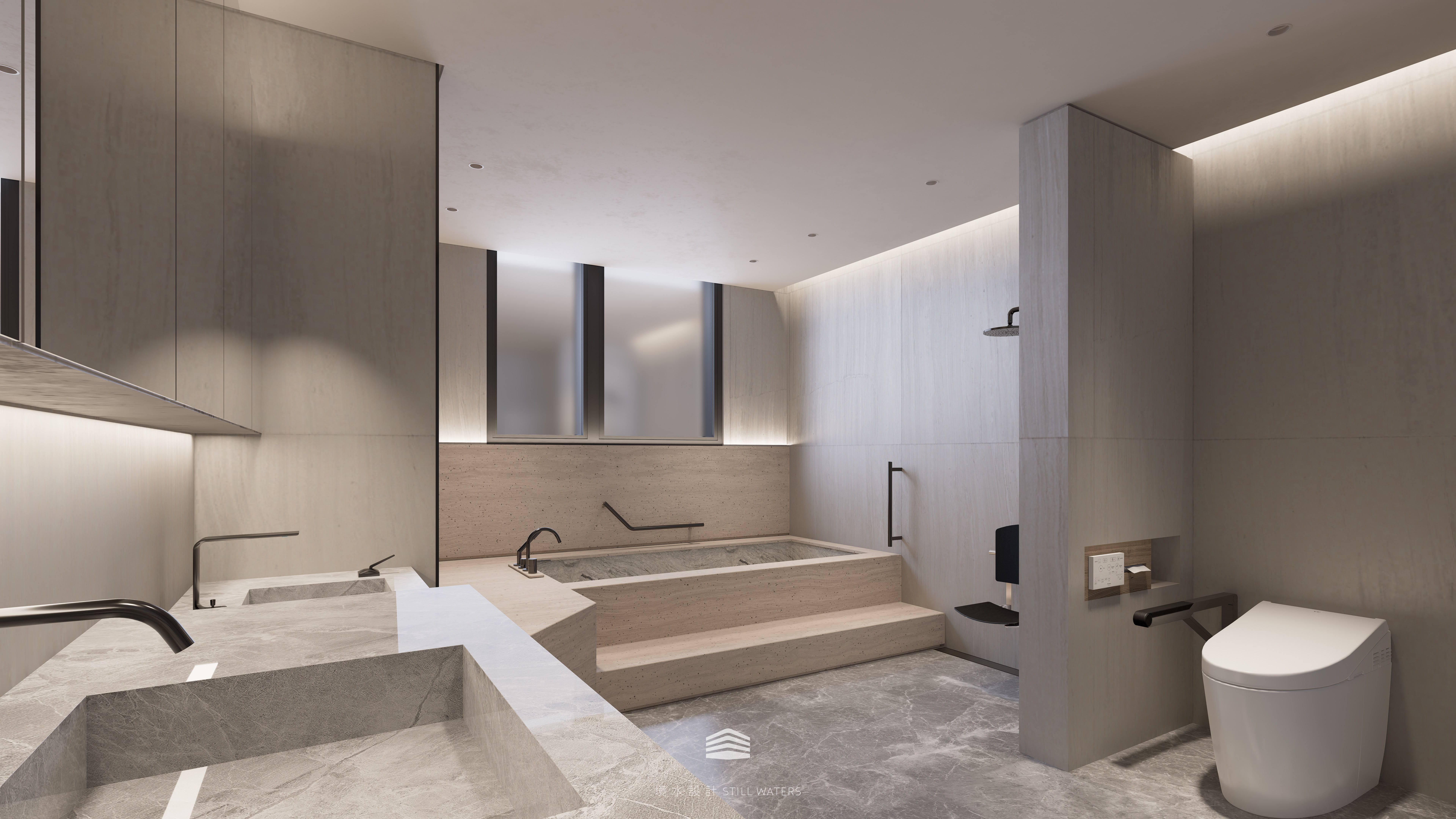 《靜映歲月》主浴延伸天然石紋與間接光設計，沐浴區設有坐式淋浴與防滑階差，讓洗浴成為安穩且被溫柔照護的時刻。 The “Silent Years” bathroom continues natural stone veins with indirect lighting, offering a seated shower and slip-resistant steps—turning bathing into a safe, softly cared-for ritual.