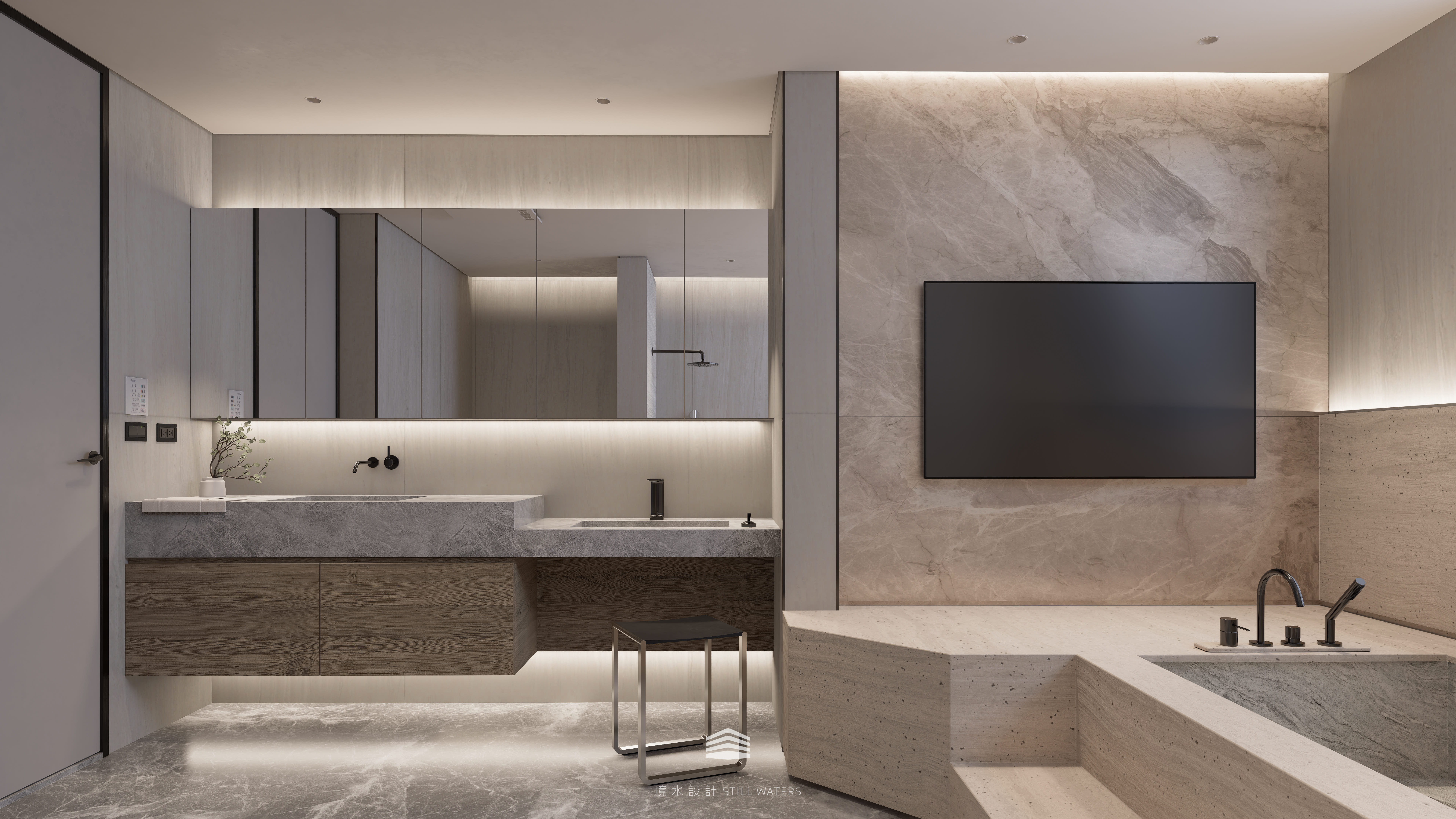 《靜映歲月》主浴以防滑石材與整合式扶手設計構築安全與尊嚴的日常，雙洗手台與低檻浴缸讓長者使用更安心；光線柔和流動，回應歲月的溫度。 The “Silent Years” master bathroom features non-slip stone and built-in grab bars, with dual sinks and a low-threshold bathtub designed for safety and dignity, as soft light echoes the warmt