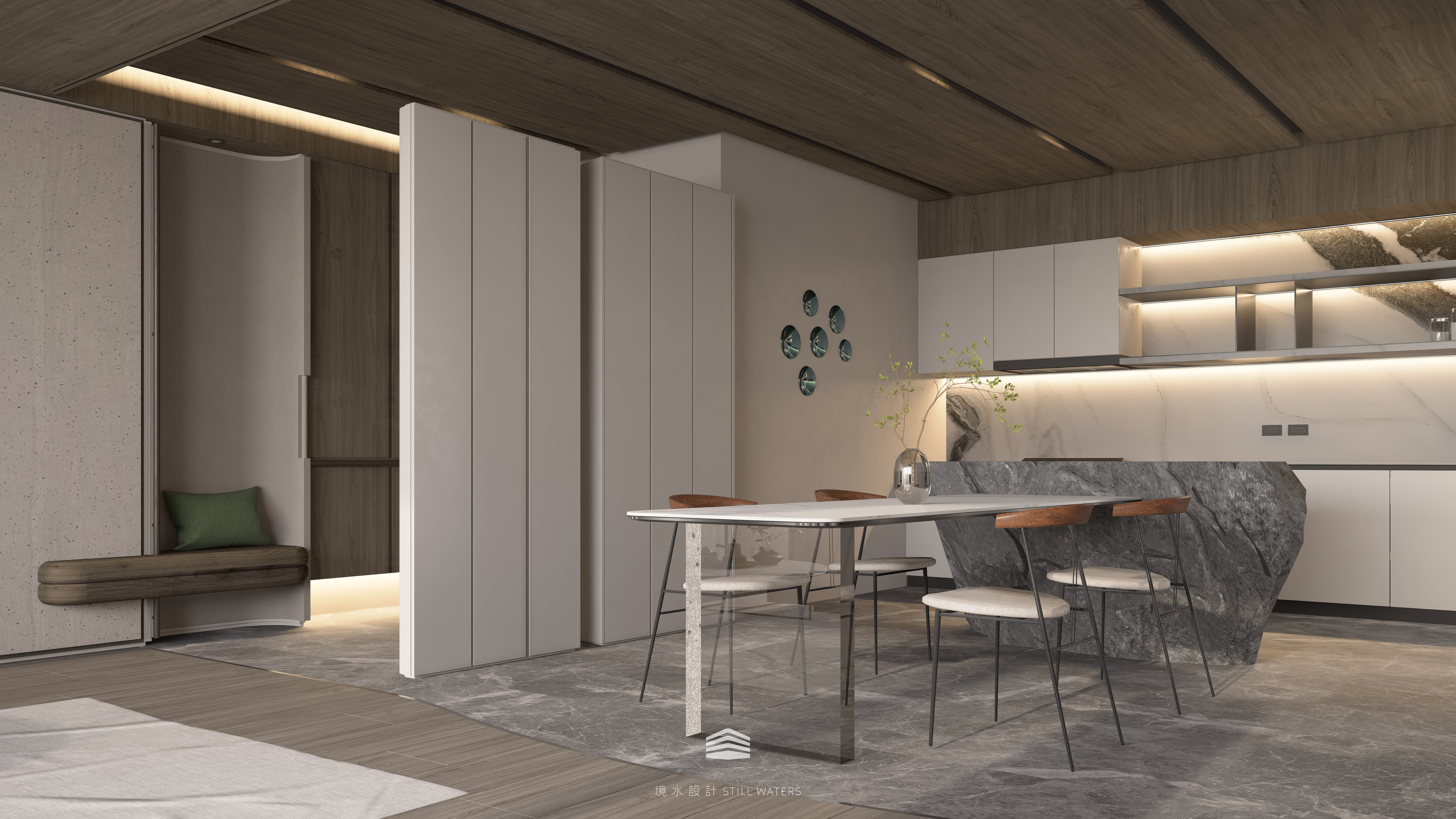 《靜映歲月》玄關以木質櫃體與灰石地坪鋪展沉穩氛圍，弧形轉角導引入室節奏，照明柔和且避開眩光，如同時間的溫柔轉折。 The “Silent Years” entryway pairs wooden cabinetry with stone flooring and soft, glare-free lighting, where gentle curves guide the transition indoors like time turning a quiet page.