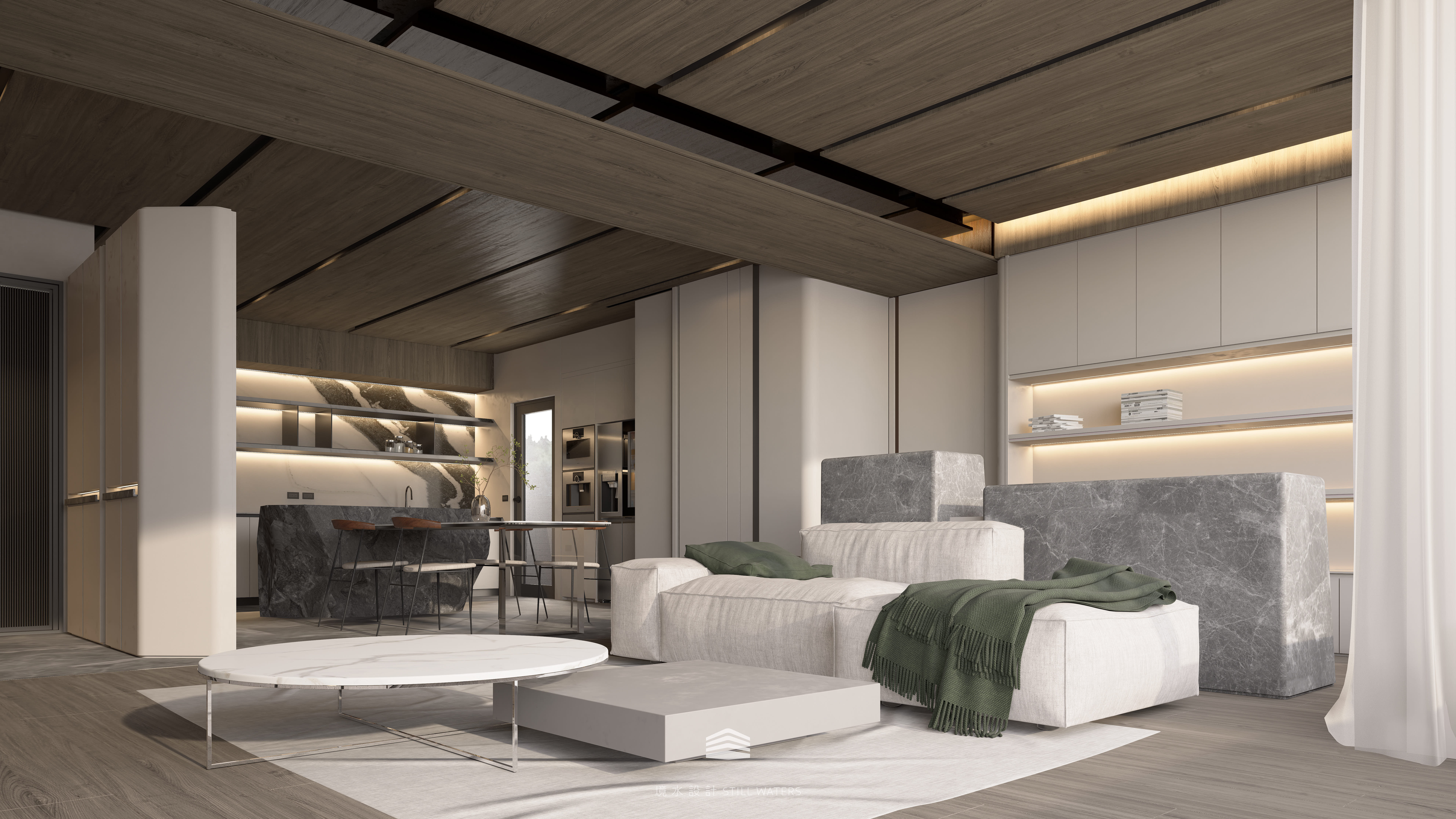 《靜映歲月》餐廳結合休憩與用餐場域，灰石與暖木並置，搭配可調高度的座椅與溫光照明，映照出歲月沉靜的溫度。 The “Silent Years” dining space merges dining and rest, combining stone and warm wood with height-adjustable seating and gentle lighting that echo the calm warmth of time.