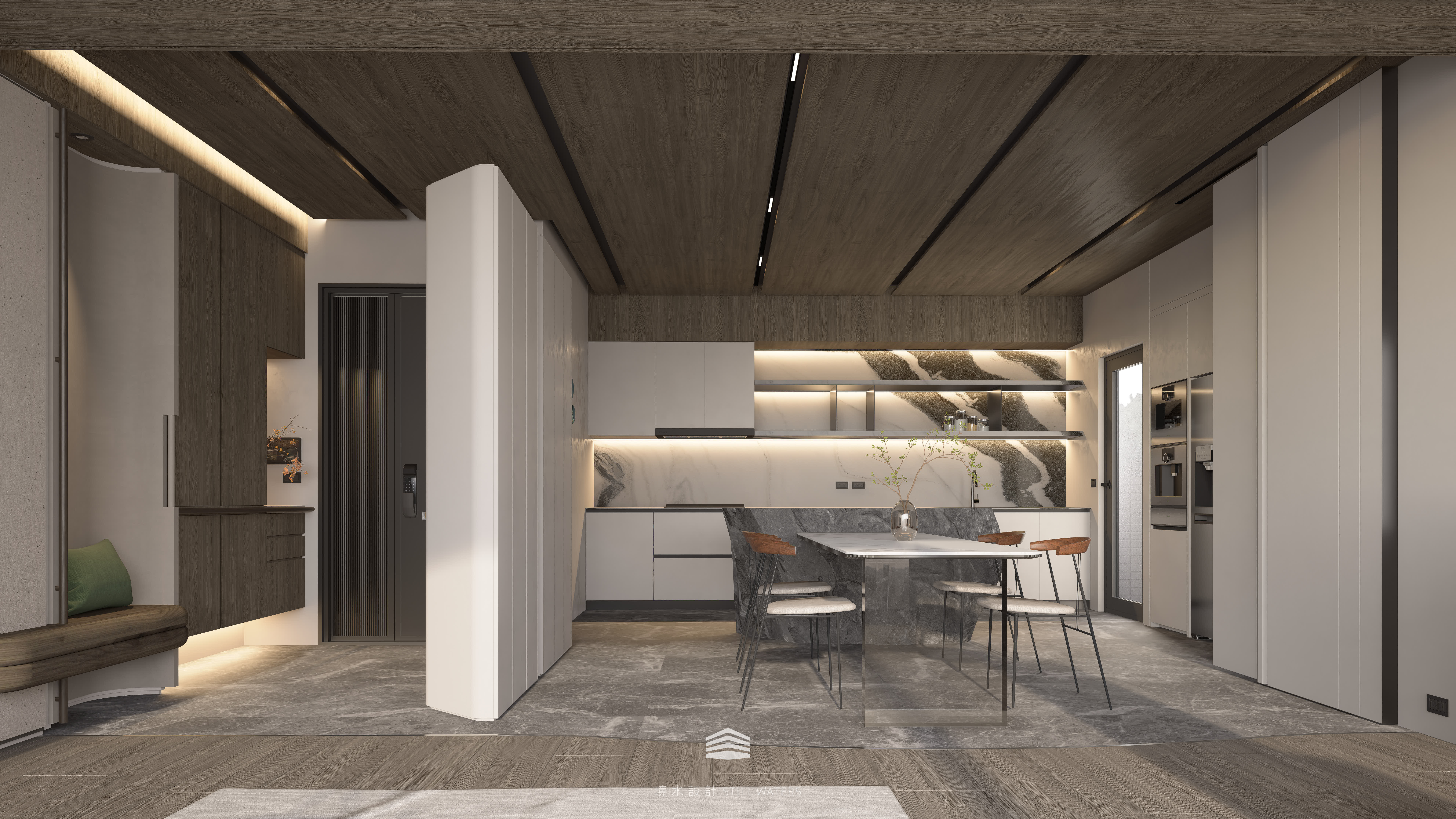 《靜映歲月》廚房與餐廳以天然石紋中島為核心，電器高度依長輩使用習慣設計，灰白脈理延展視覺，光線與材質共譜優雅日常。 The “Silent Years” kitchen centers on a marble island with appliances positioned for easy senior use, where natural veins and light compose an elegant everyday rhythm.