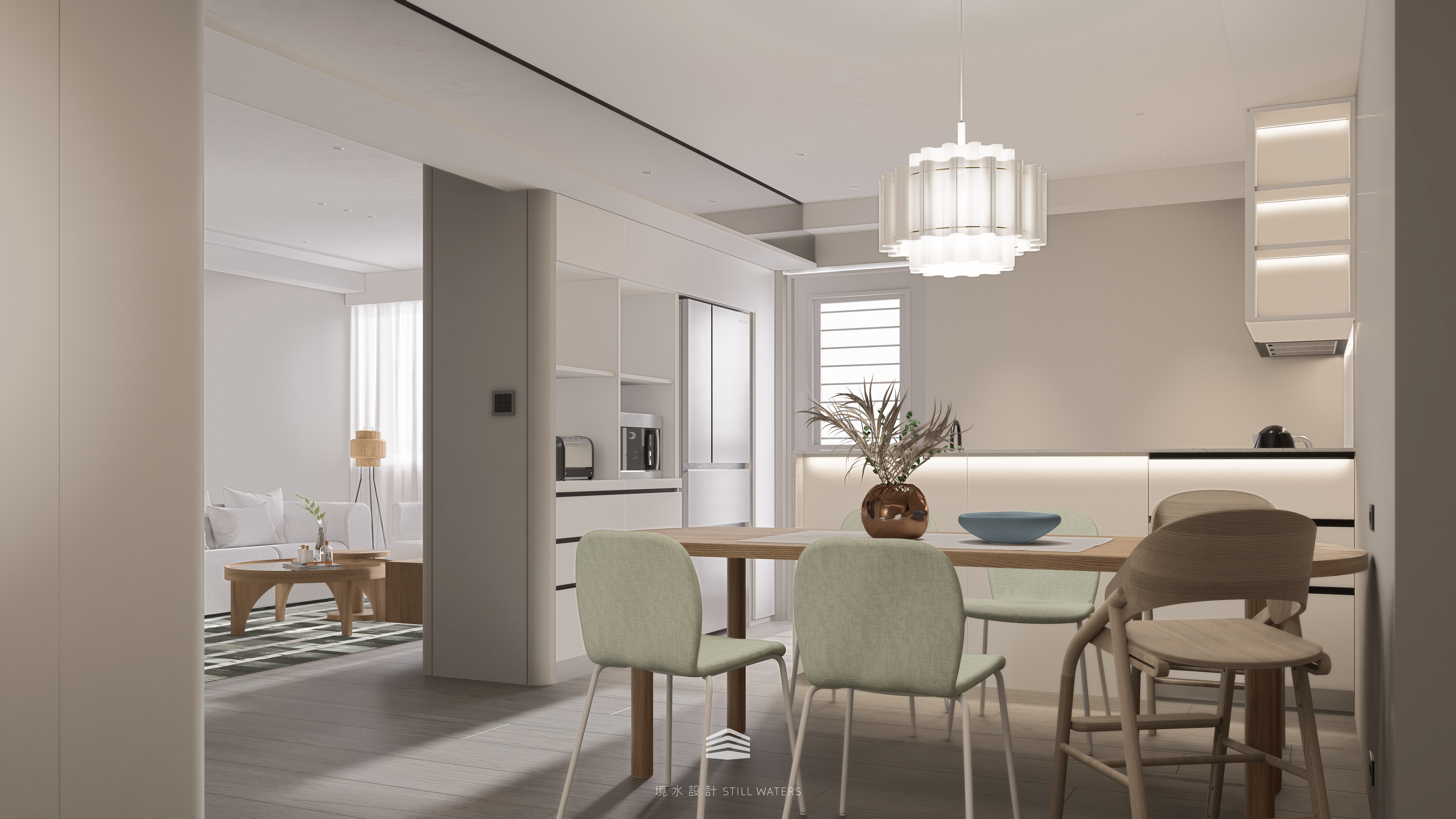 《織簡成詩》餐廳延續整體的溫潤色調，以木質餐桌與織布椅為核心，串連開放式廚房與客廳，構築家的日常連結。“Woven Poetry” dining area — a soft-toned space featuring a wooden table and fabric chairs, seamlessly connecting the open kitchen and living room.