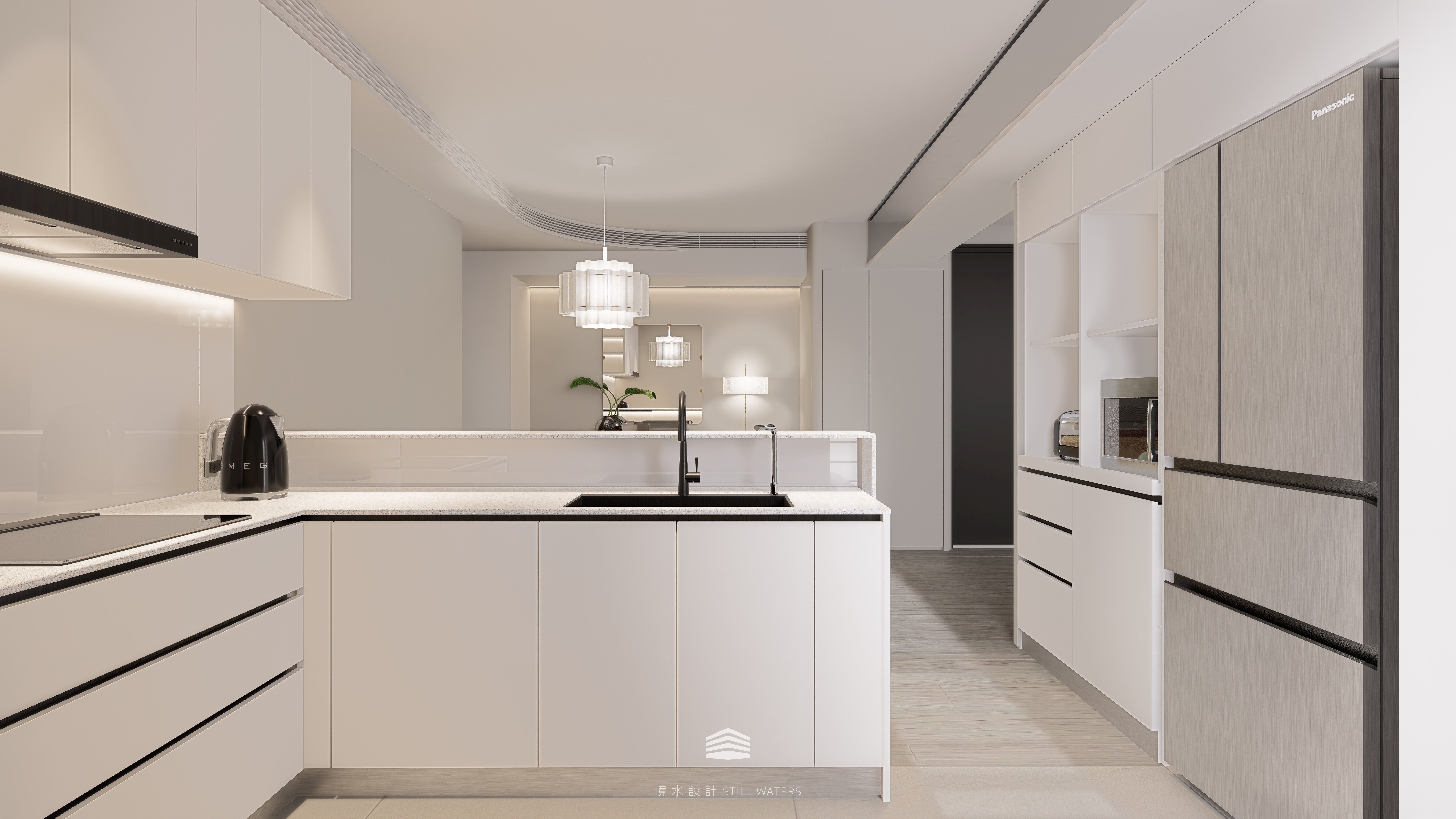 《織簡成詩》廚房以純白與淺灰為主調，黑色水龍頭成為視覺焦點，展現理性秩序與俐落美感。“Woven Poetry” kitchen — minimalist in white and light grey, accented by a black faucet for a touch of sleek modern contrast.