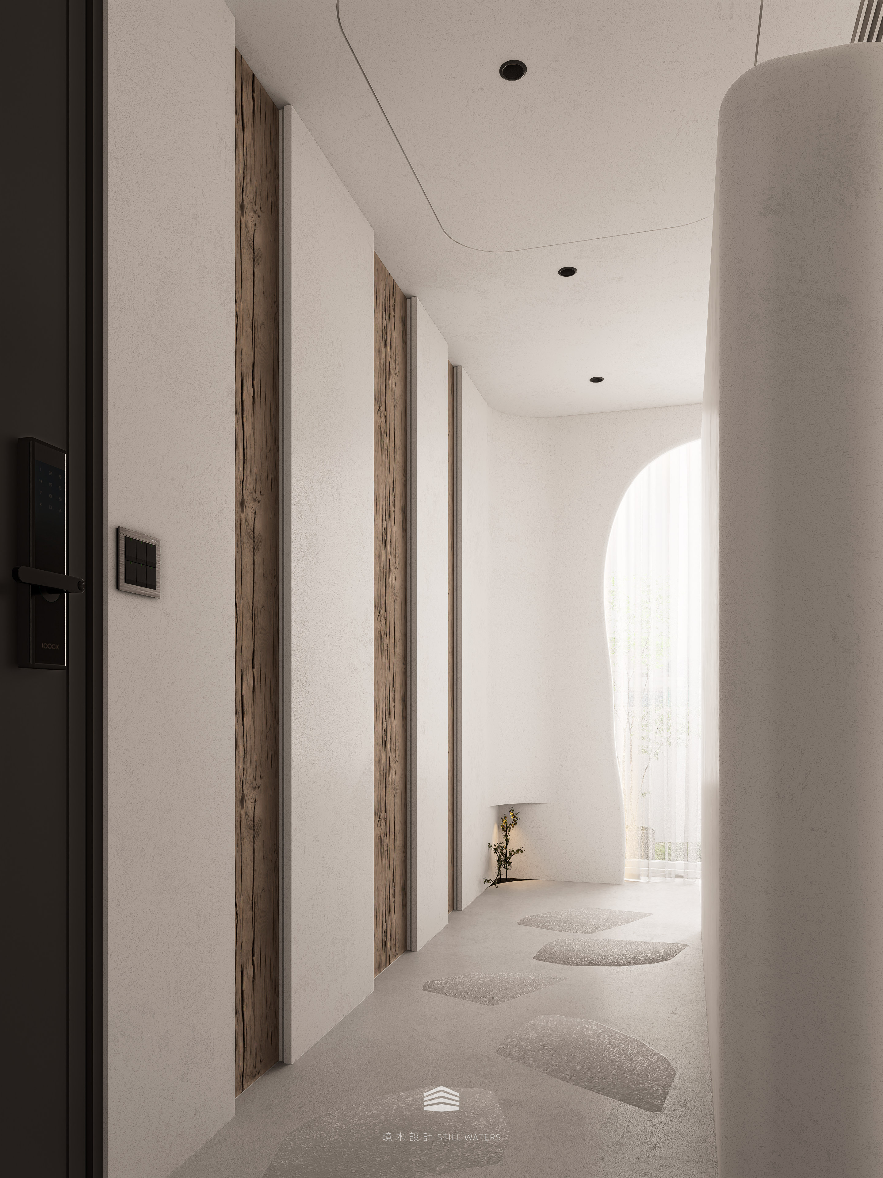 新北中和《日常森活》玄關，以弧形牆體柔化動線，結合天然材質與光影層次，讓回家的第一步即感受平靜與溫度。Stillwaters Design “Daily Forest” entryway in Zhonghe — curved walls and natural materials soften the space, creating a serene, welcoming transition home.