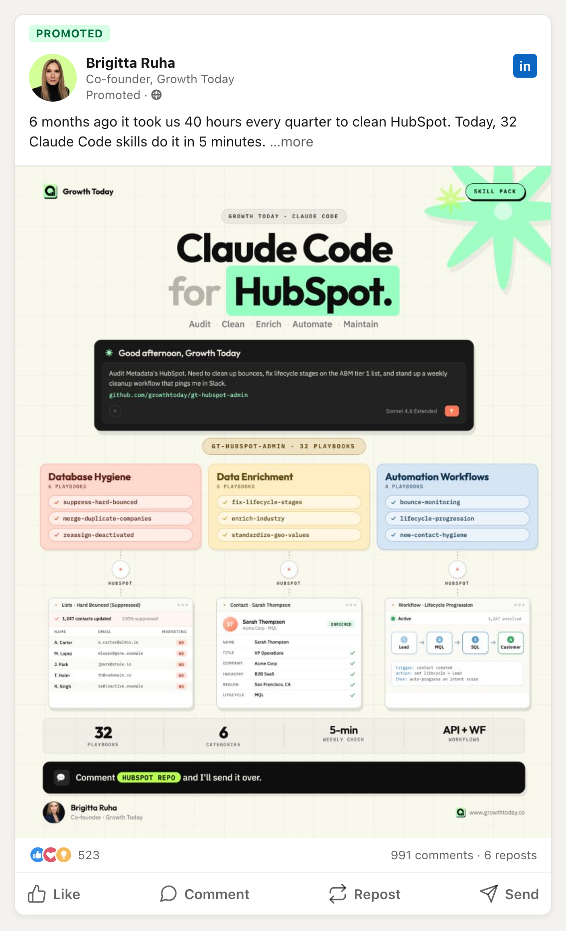 Brigitta Ruha on LinkedIn — Claude Code for HubSpot (promoted)