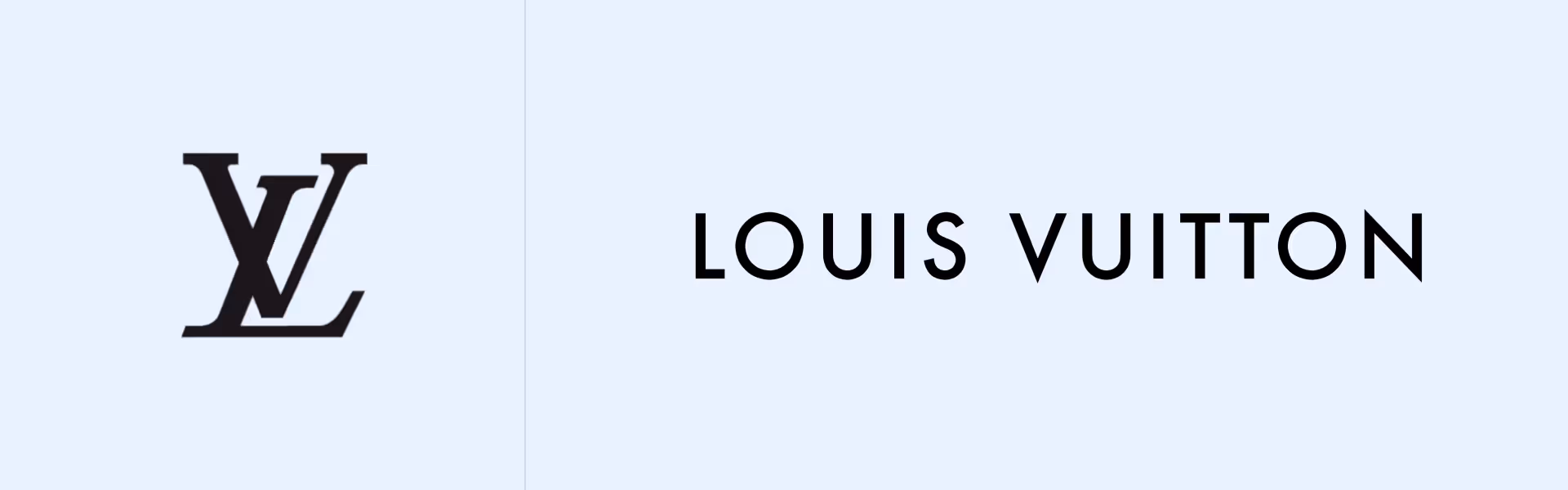Louis Vuitton logo on a light blue background, highlighting a luxury brand's elegant typography