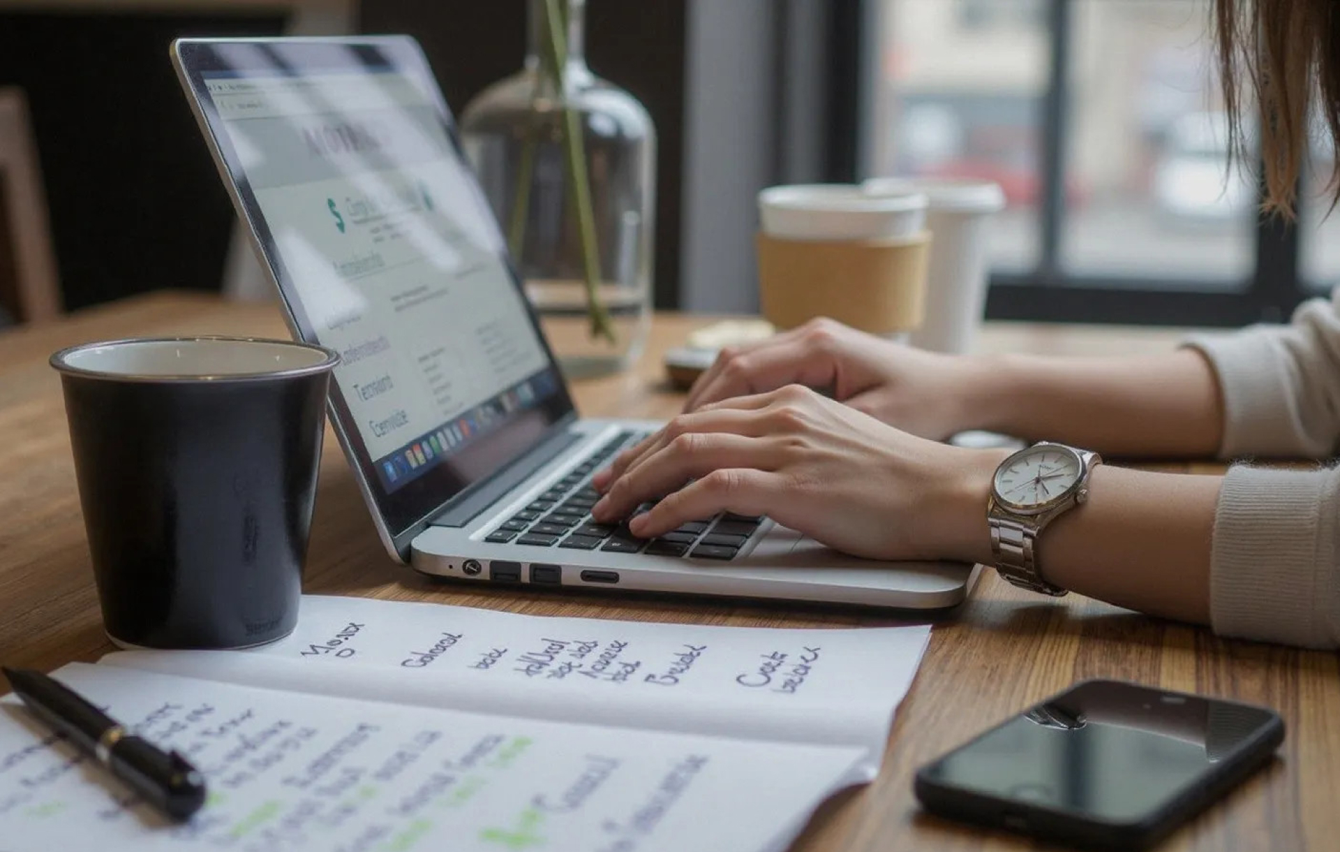 A business owner reviewing website designs on their laptop screen with notes and sketches on the table beside them.