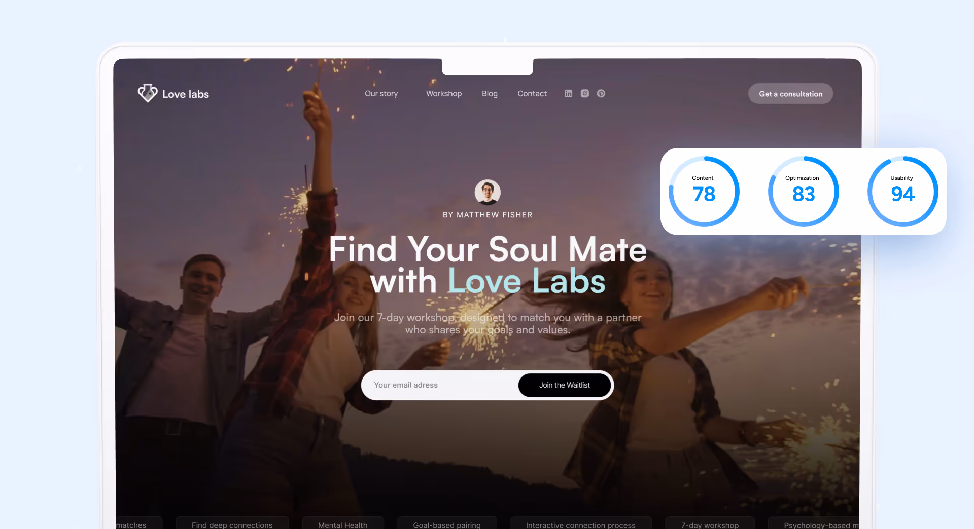 A team celebrating a website launch announcement on social media, with laptops open and a screen showing the live website.
