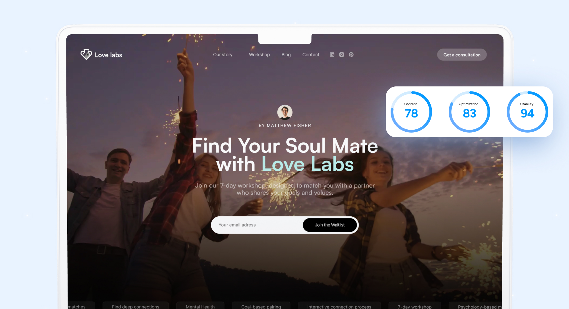 A team celebrating a website launch announcement on social media, with laptops open and a screen showing the live website.