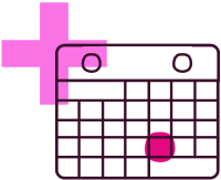 Calendar icon with pink plus sign and a red dot on a date in calendar