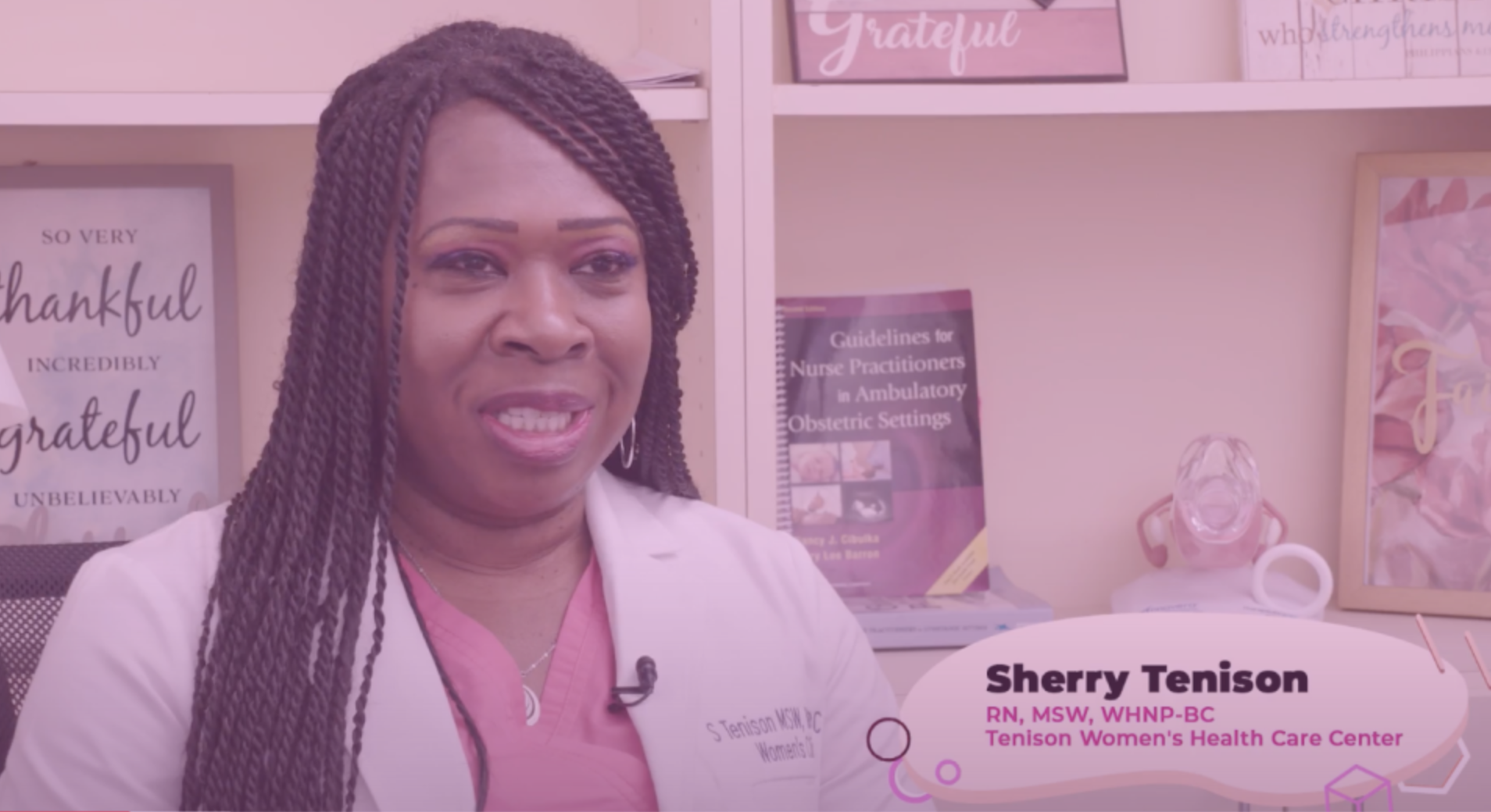 Screenshot of a video of Sherry Tenison, RN, MSW, WHNP-BC speaking in office