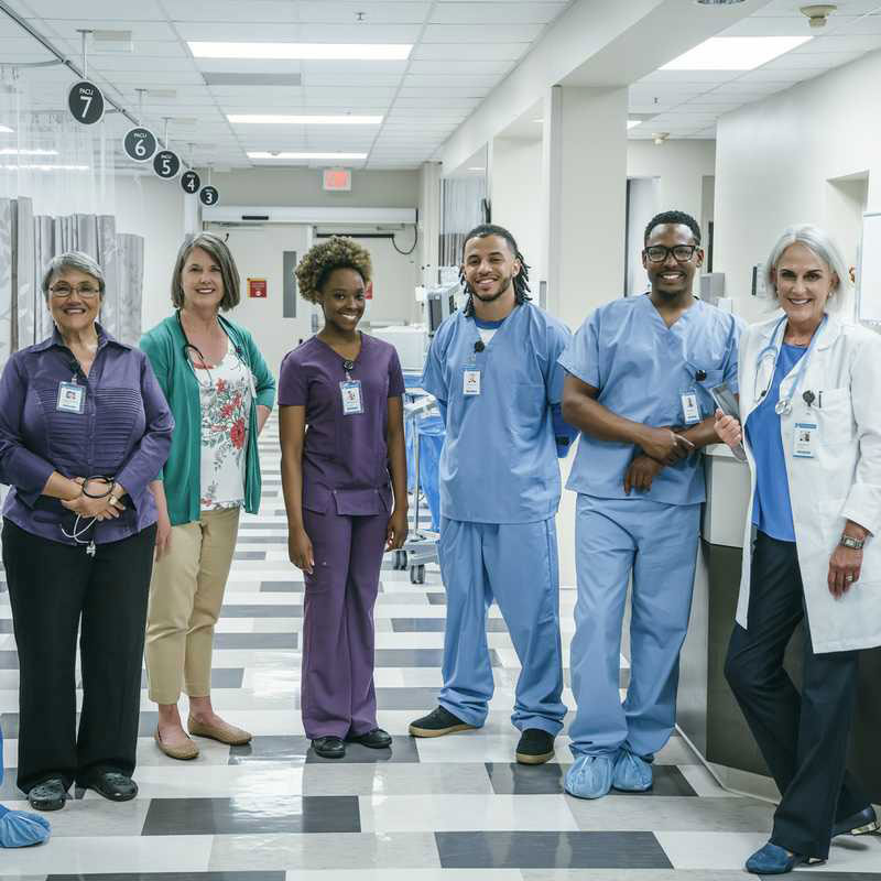 Medical professionals standing in hallway of hospital floor