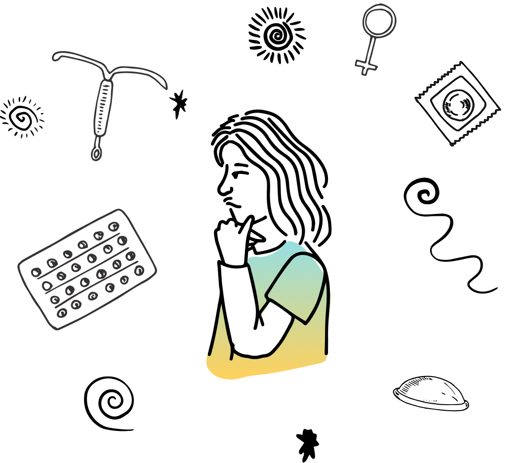 graphic of woman considering different birth control options with outlines of birth control surrounding