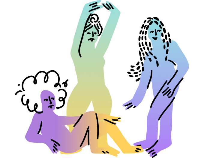 image graphics of three women, one laying with knees propped up, one stretching, and one walking