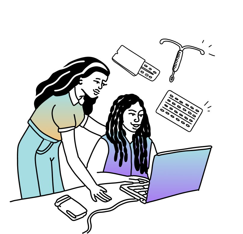 graphic of two women looking at laptop with outlines of birth control methods surrounding them