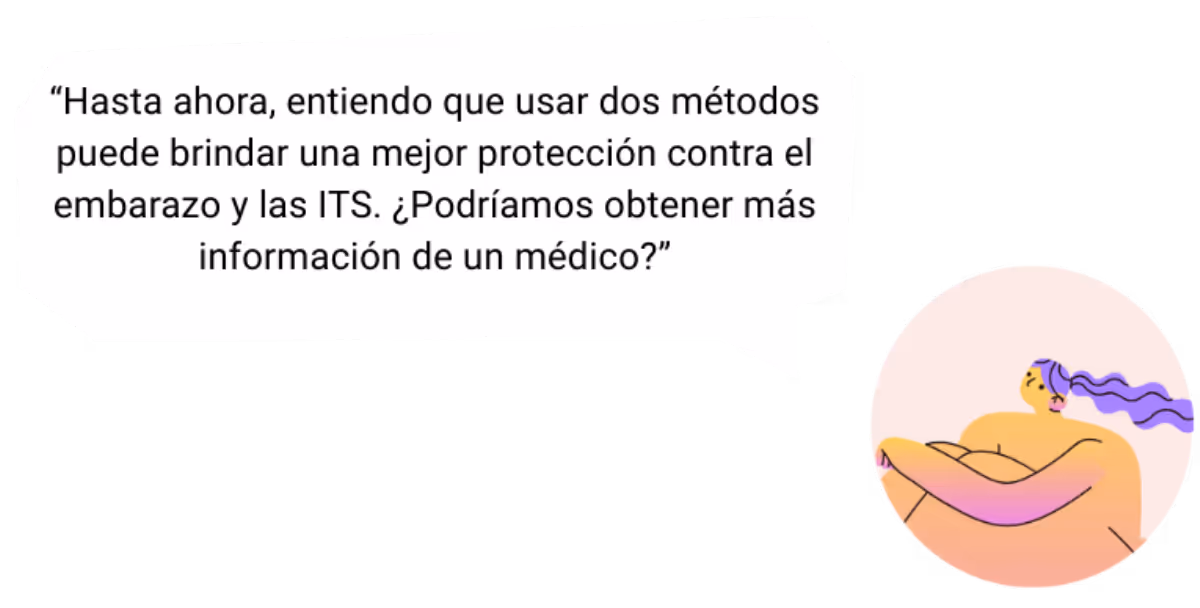 un imagen dice que, "Hasta ahora, entiendo que usar dos métodos puede brindar una mejor protección contra el embarazo y las ITS. ¿Podríamos obtener más información de un médico?"
