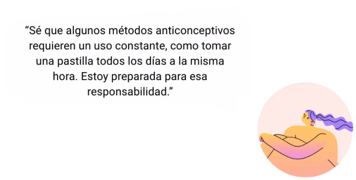 un imagen que dice, "sé que algunos métodos anticonceptivos requieren un uso constante, como tomar una pastilla todos los días a la misma hora. Estoy preparada para esa responsabilidad."