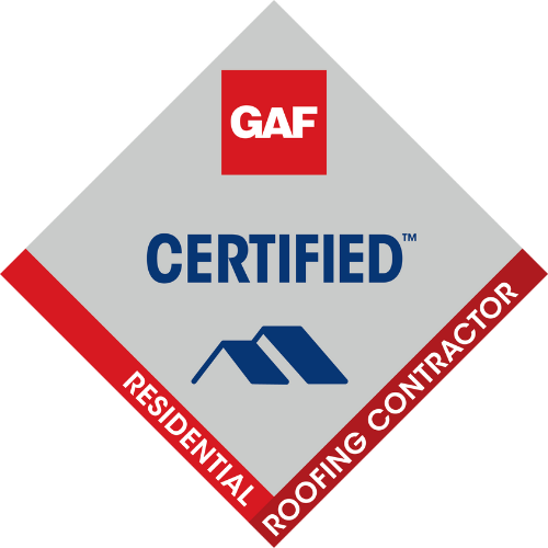 GAF Certified Residential Roofing Contractor badge with a blue roof icon on a gray diamond background.