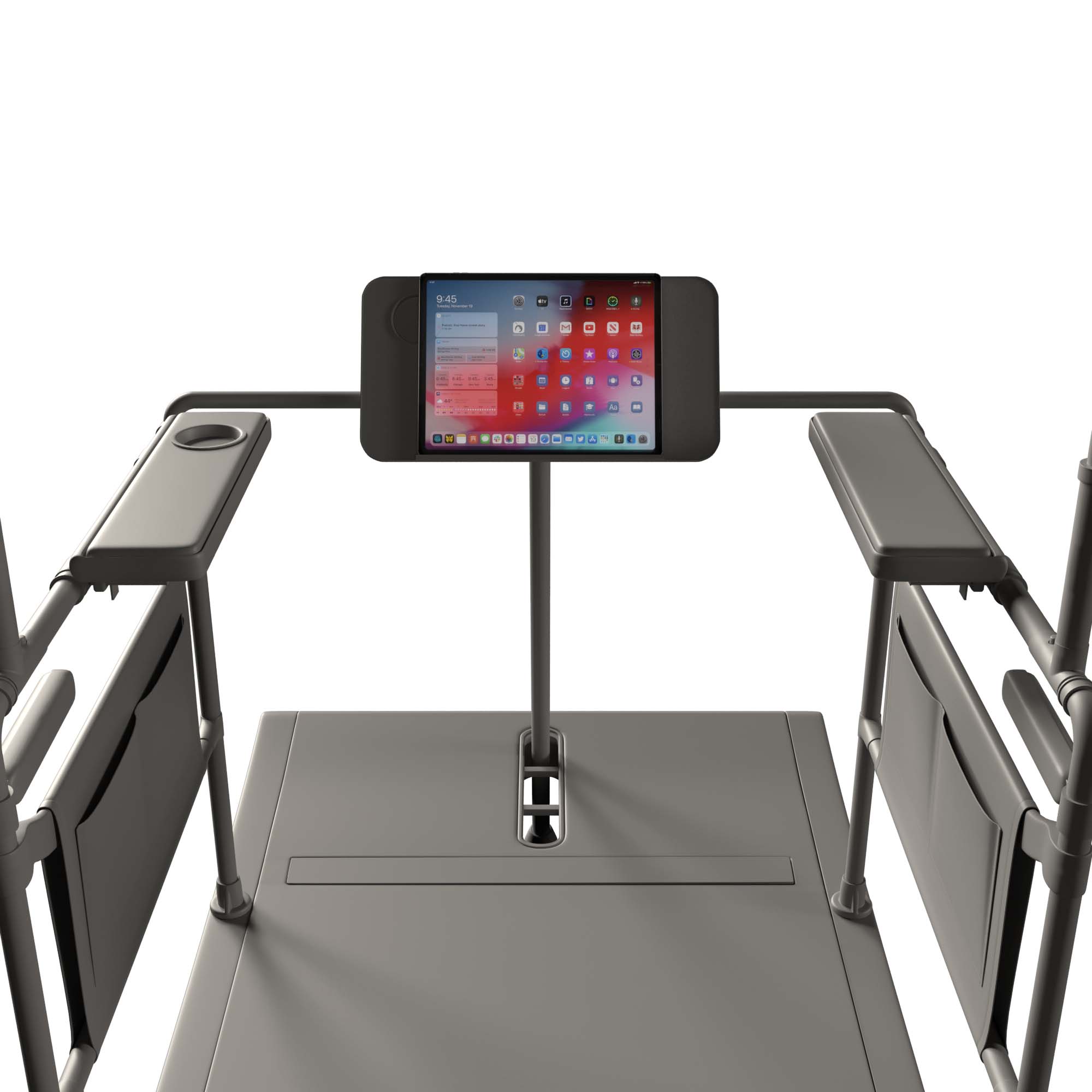 Front view of TheraRocker system showing mounted tablet and arm supports